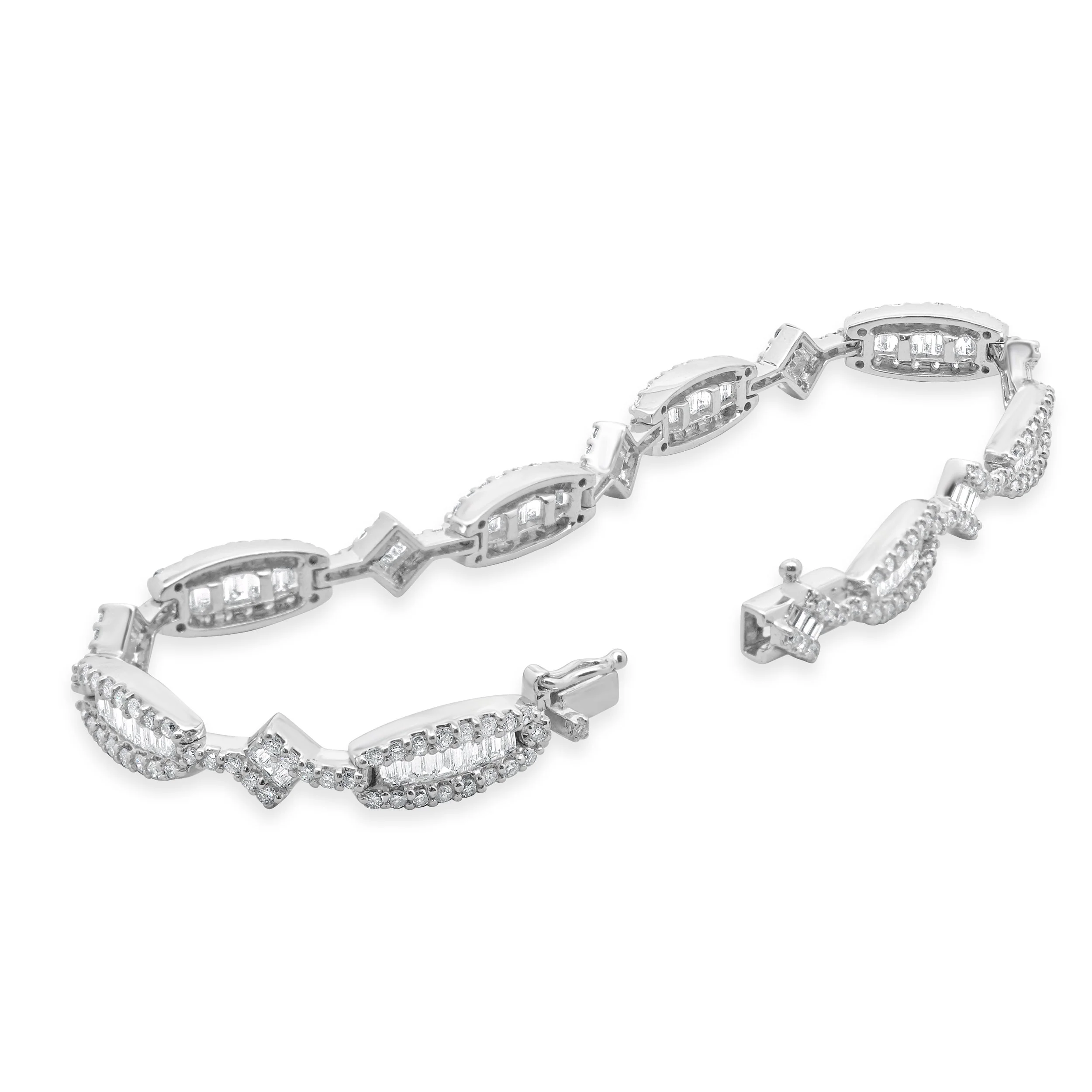 14 Karat White Gold Round and Baguette Inline Diamond Bracelet - Image 3