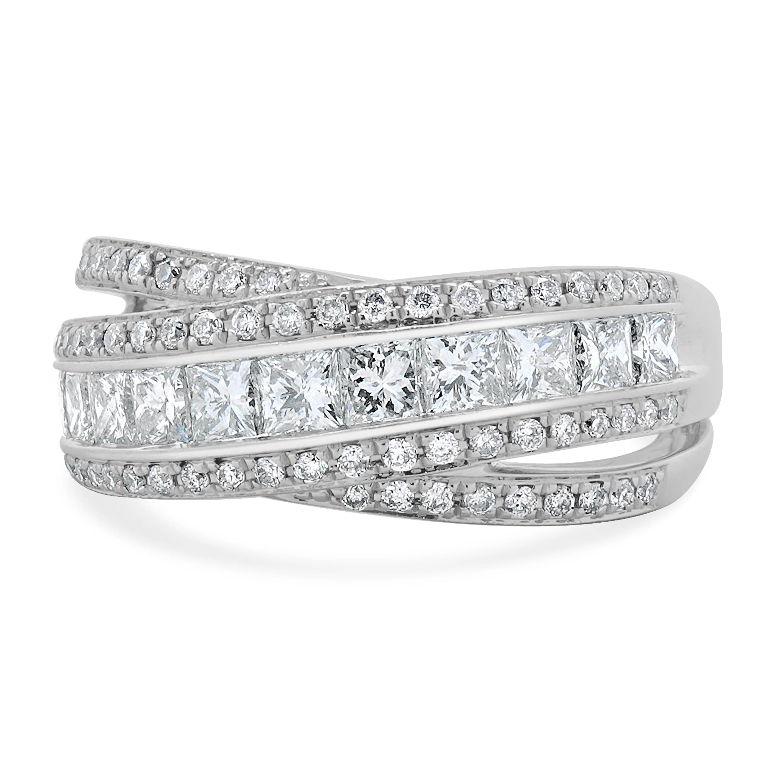 14 Karat White Gold Round and Princess Cut Diamond Crossover Ring