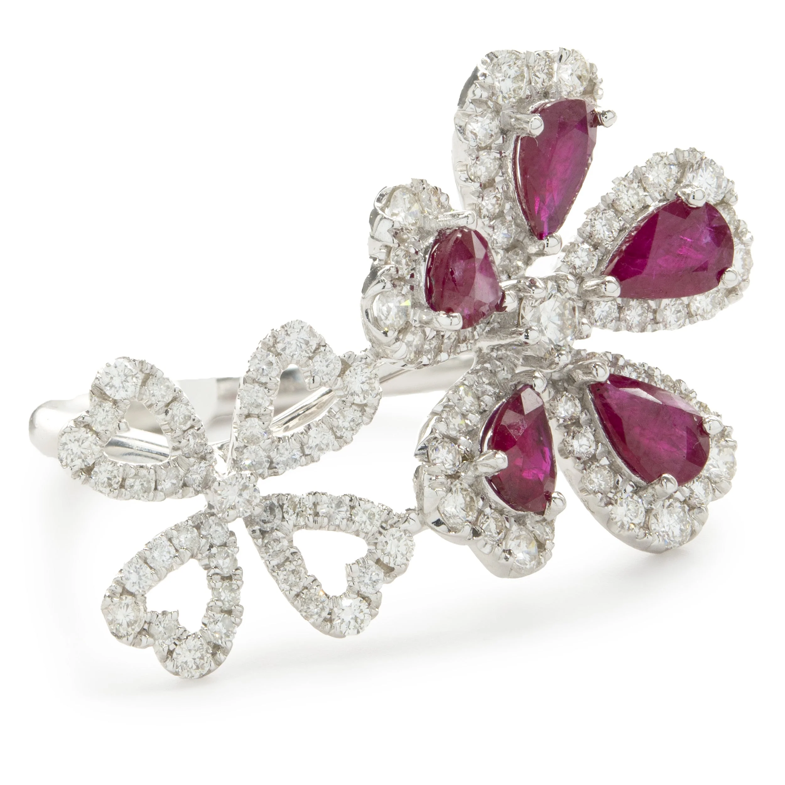 14 Karat White Gold Ruby and Diamond Double Flower Ring - Image 2