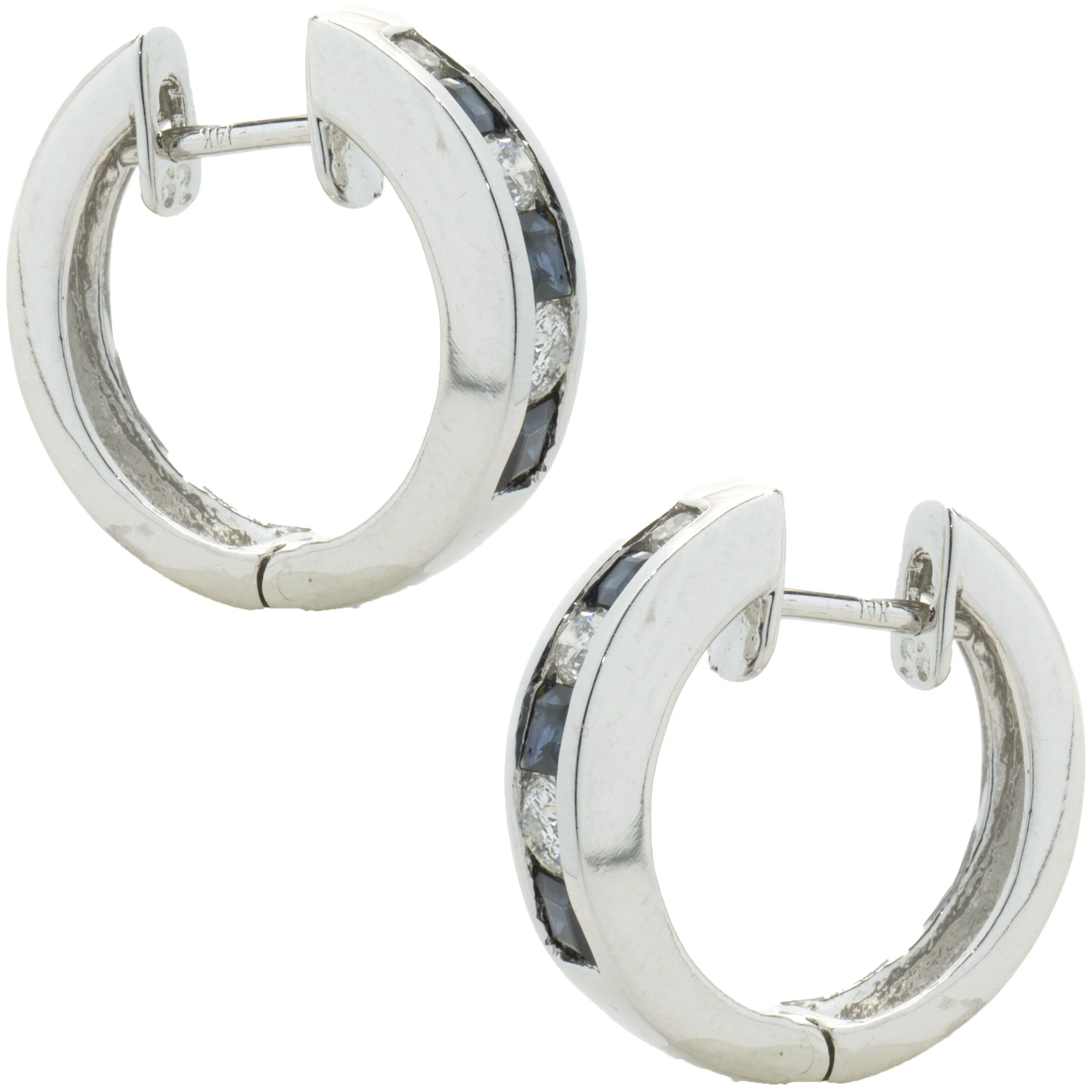 14 Karat White Gold Sapphire and Diamond Huggie Hoop Earrings - Image 2