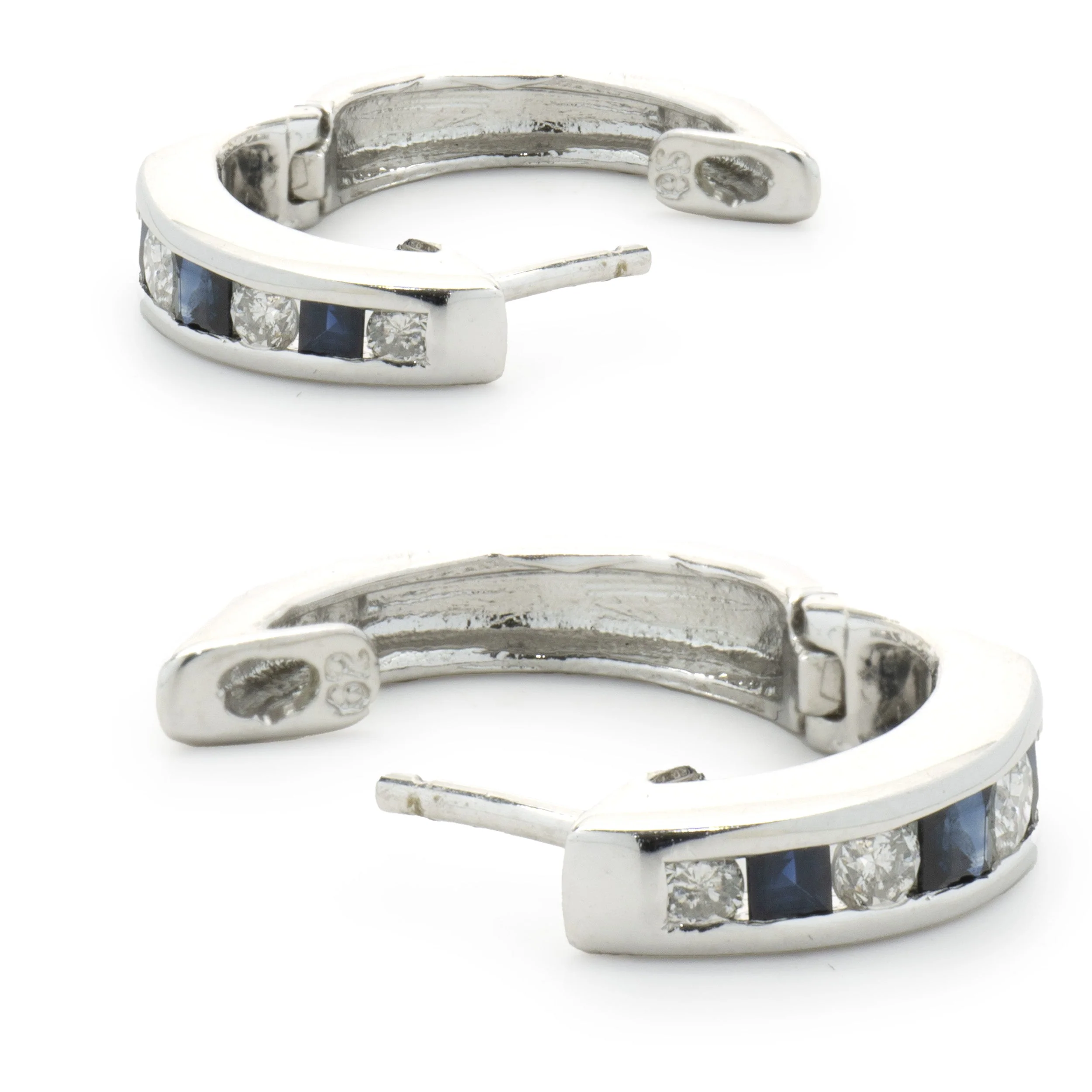 14 Karat White Gold Sapphire and Diamond Huggie Hoop Earrings - Image 3