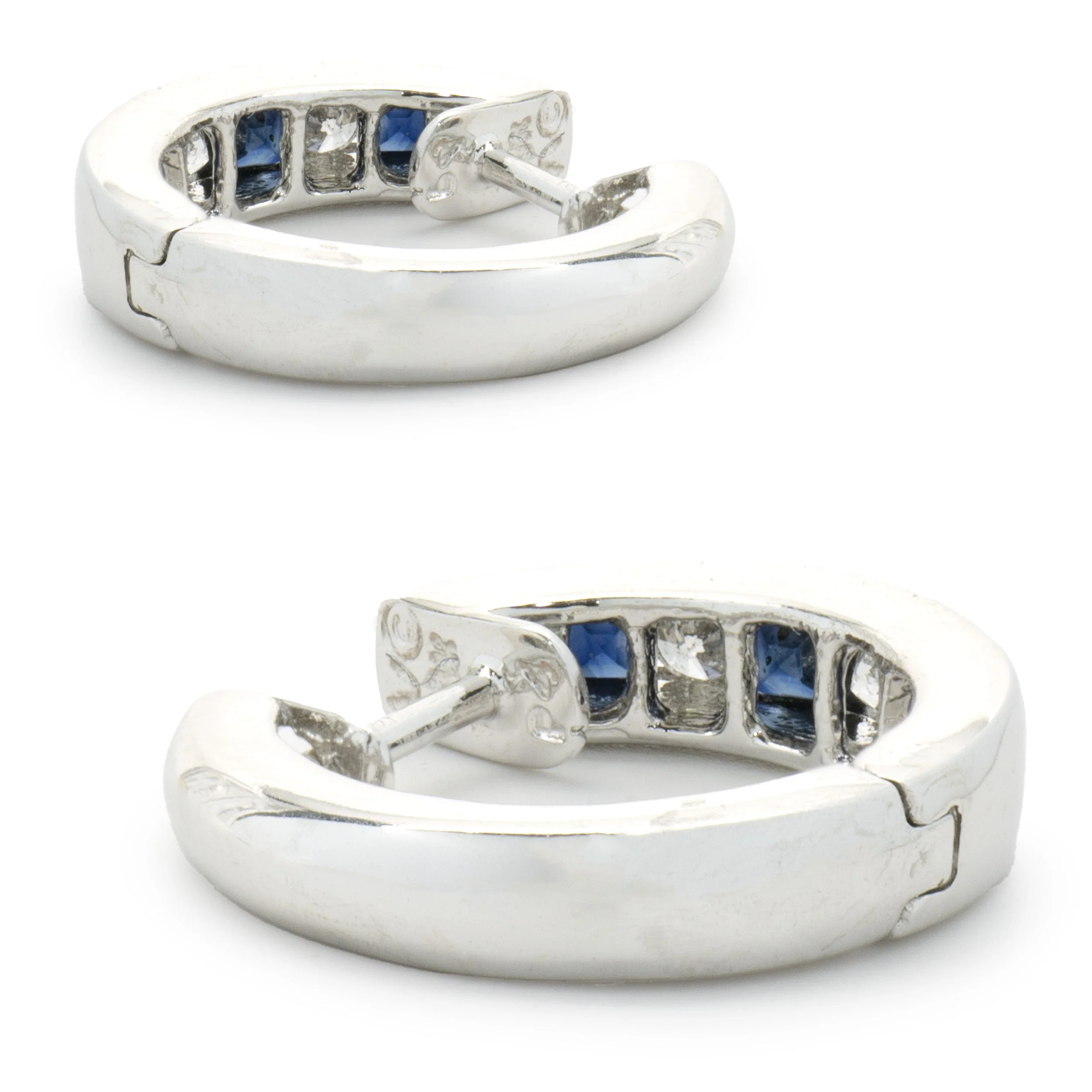 14 Karat White Gold Sapphire and Diamond Huggie Hoop Earrings - Image 4