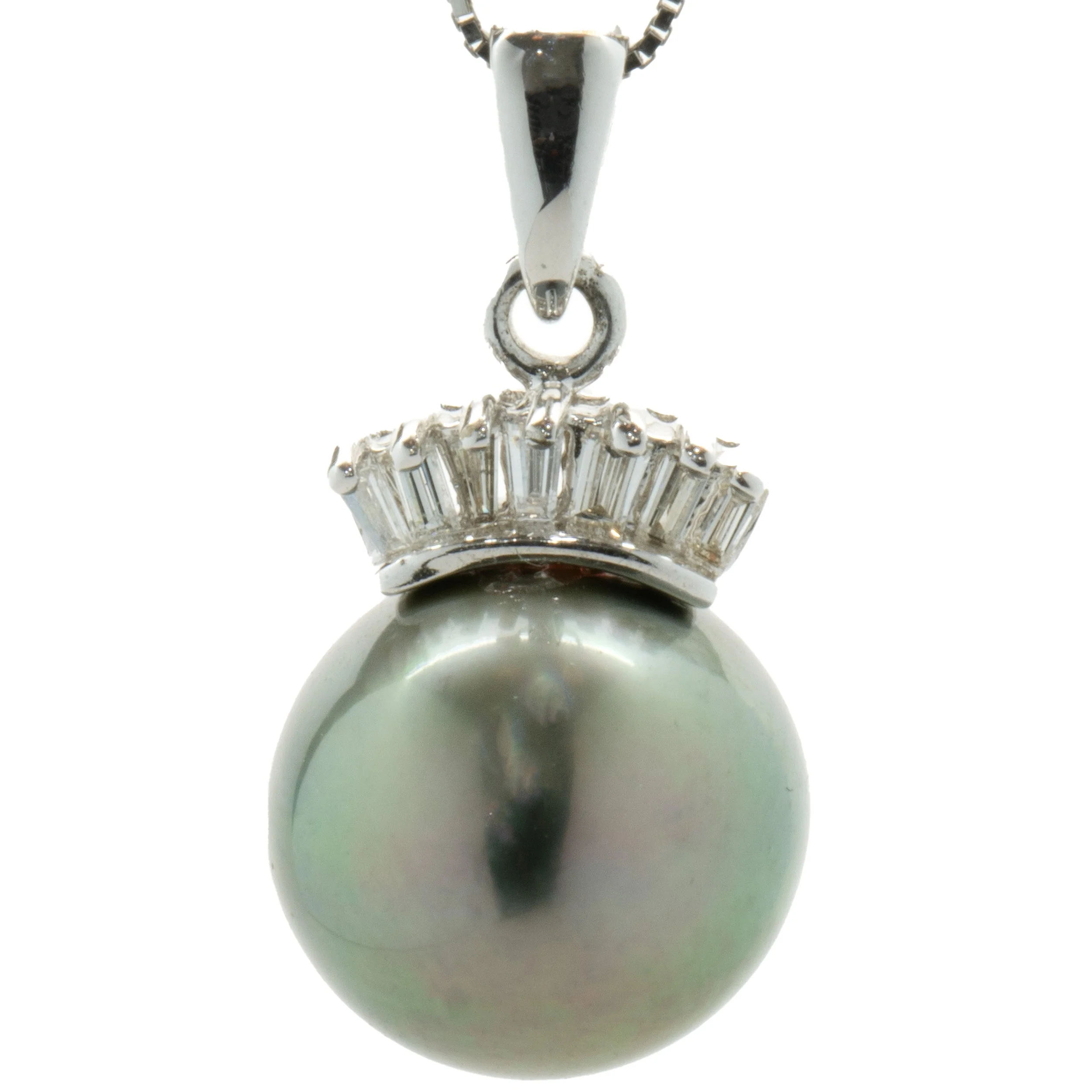 14 Karat White Gold Tahitian Pearl and Diamond Crown Necklace - Image 2