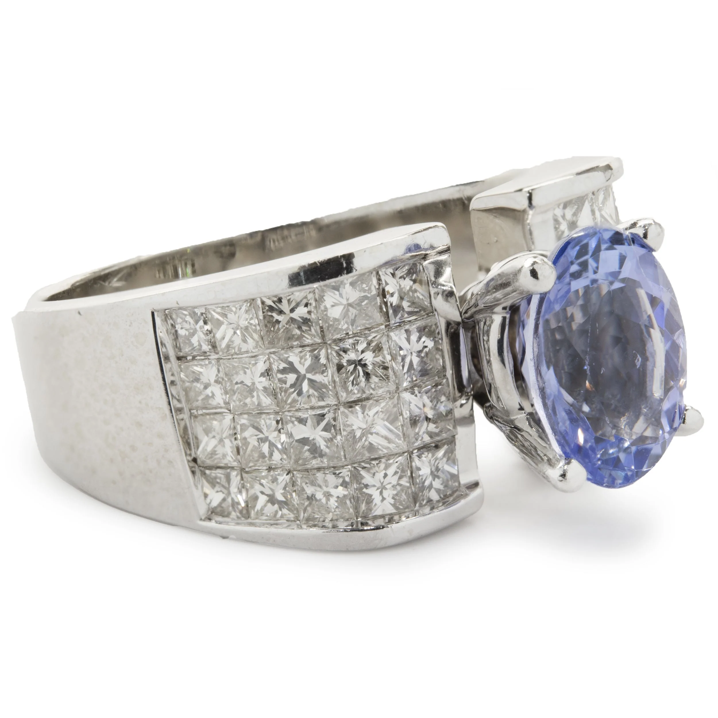 14 Karat White Gold Tanzanite and Invisible Set Diamond Ring - Image 2