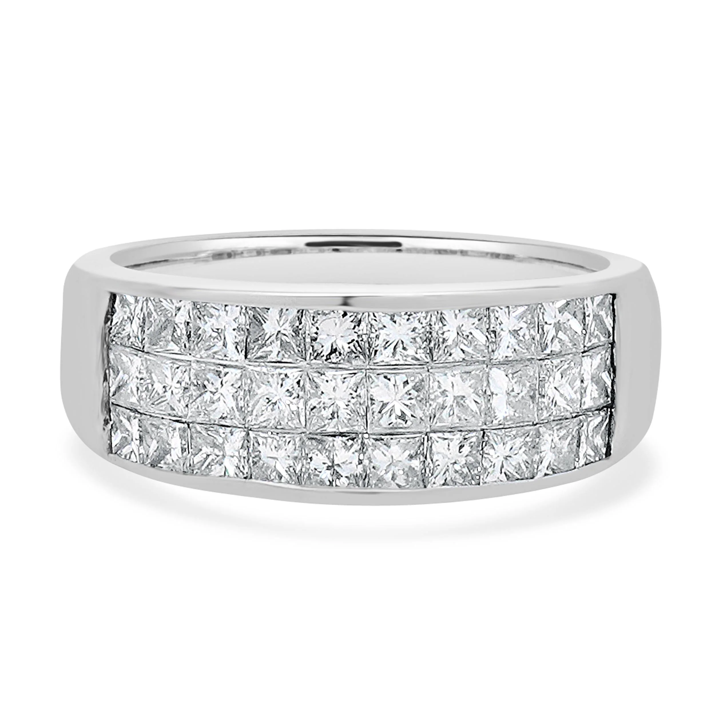 14 Karat White Gold Three Row Invisible Set Diamond Ring