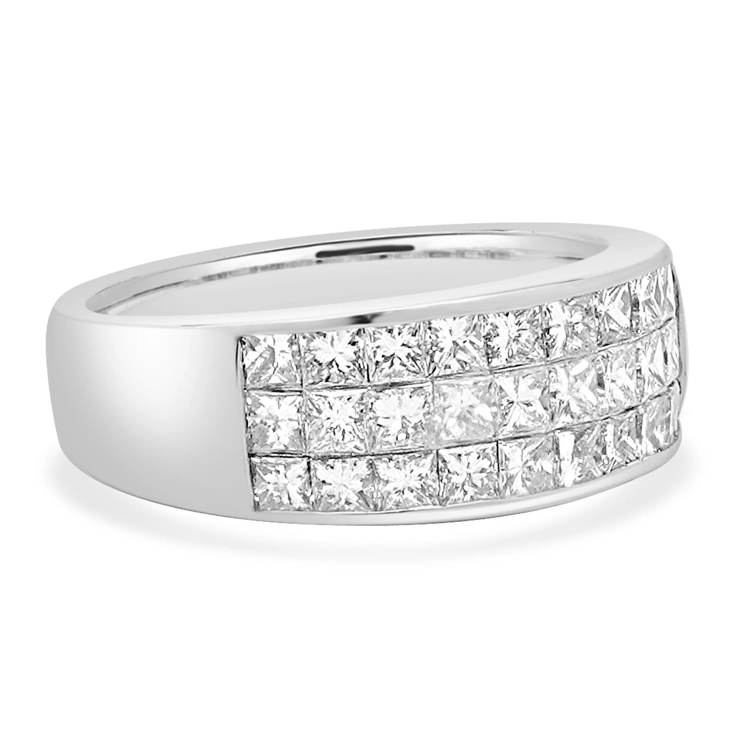 14 Karat White Gold Three Row Invisible Set Diamond Ring - Image 3
