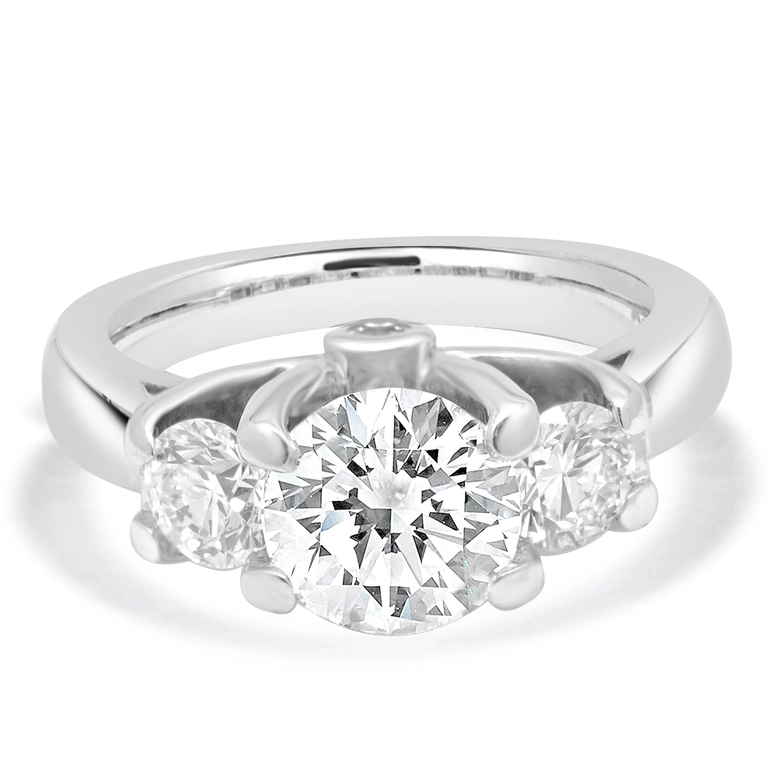 14 Karat White Gold Three Stone Diamond Ring w/ 2 Round Diamond Accents