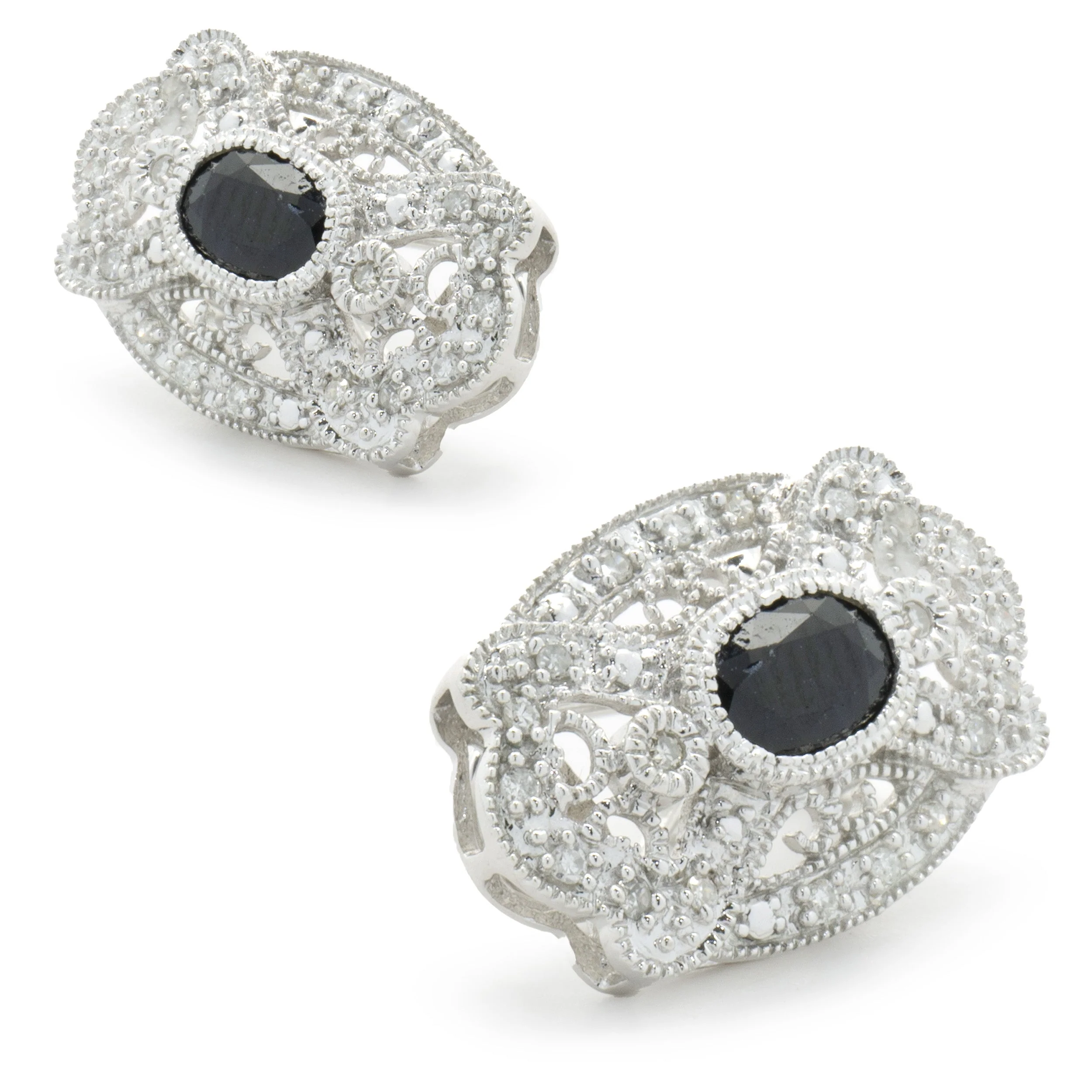 14 Karat White Gold Vintage Art Deco Diamond and Sapphire Earrings - Image 2