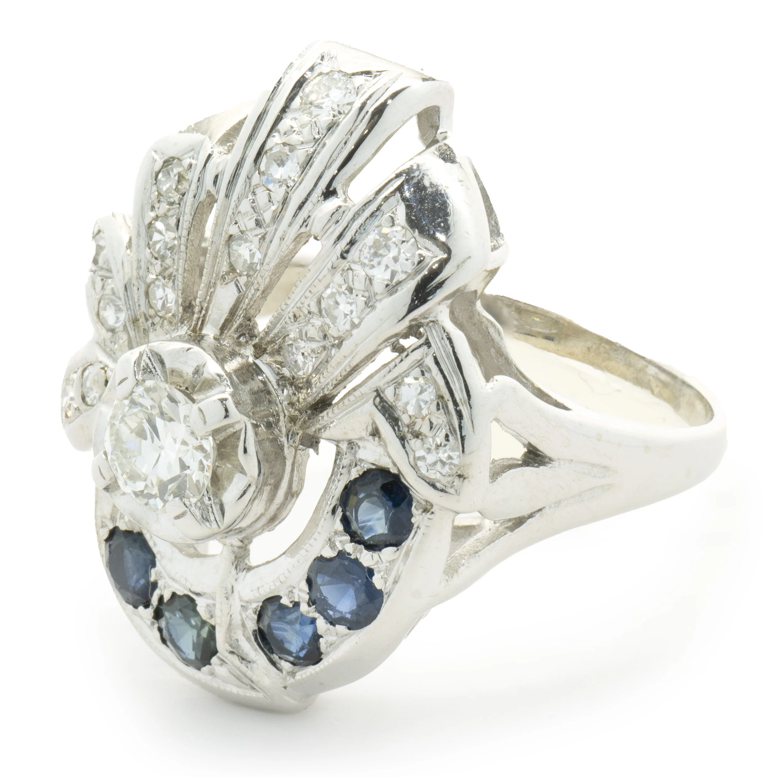 14 Karat White Gold Vintage Art Deco Diamond and Sapphire Ring - Image 2