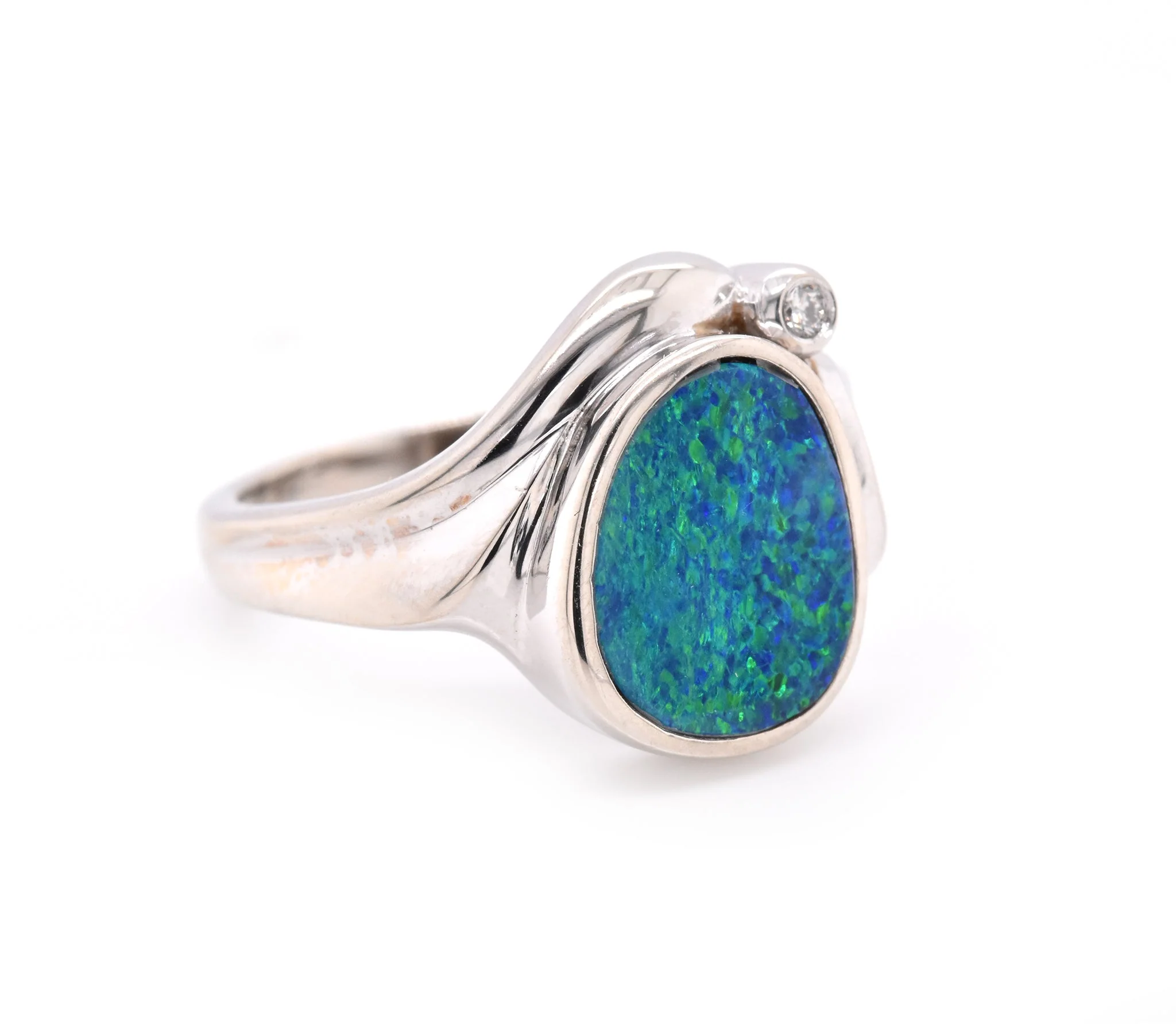 14 Karat White Gold Vintage Black Opal and Diamond Ring - Image 2