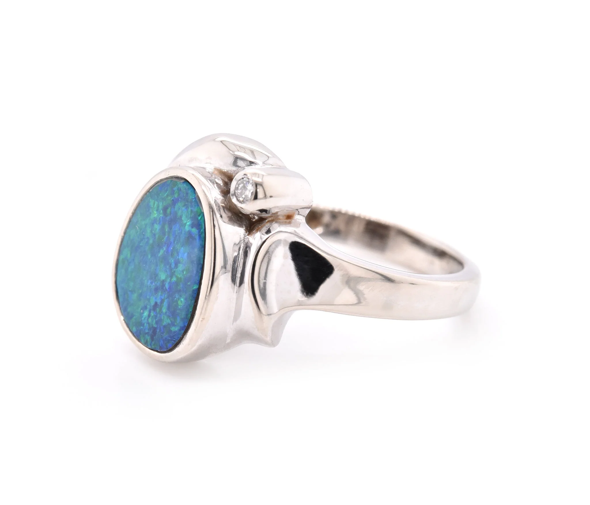 14 Karat White Gold Vintage Black Opal and Diamond Ring - Image 3
