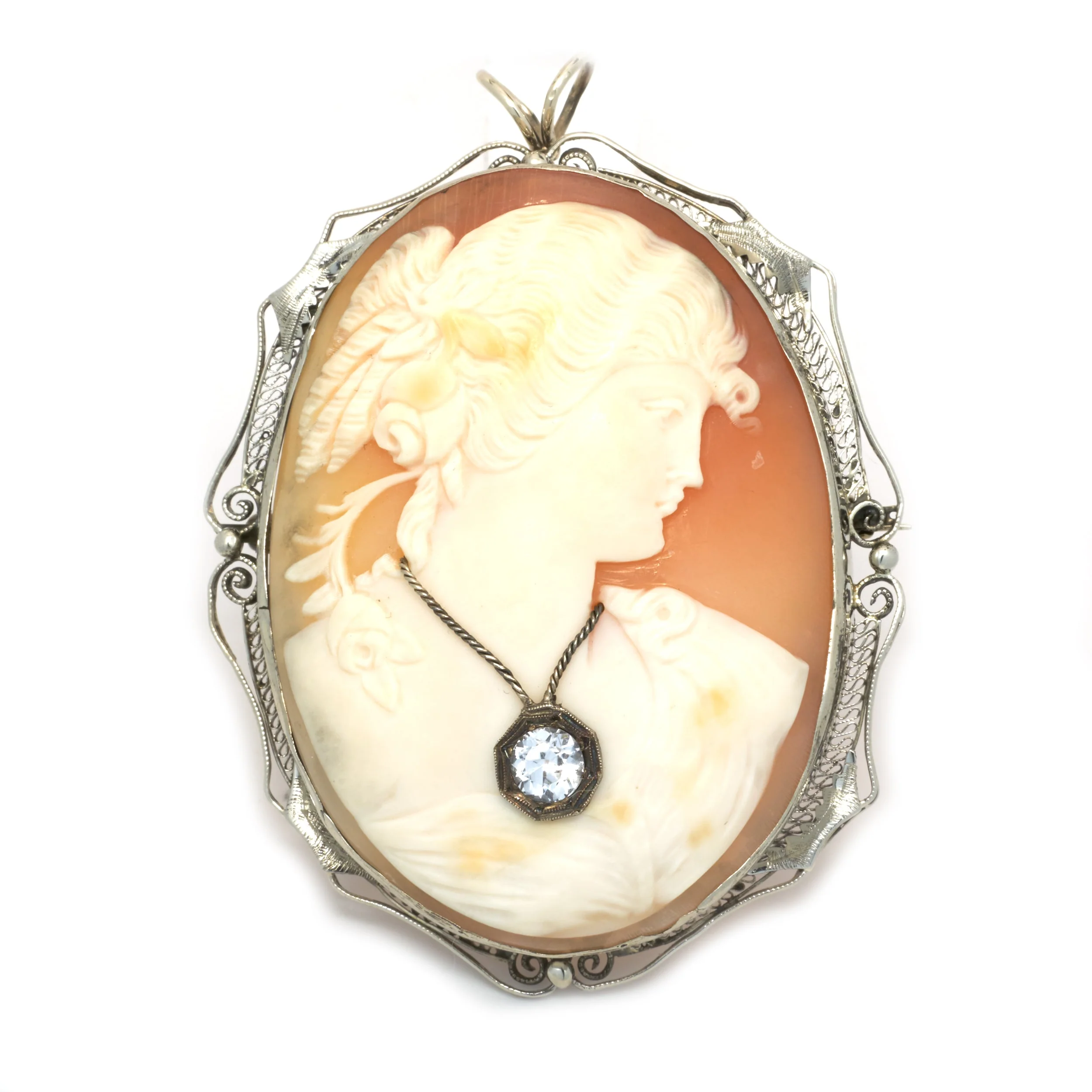 14 Karat White Gold Vintage CZ Cameo Pin /  Pendant