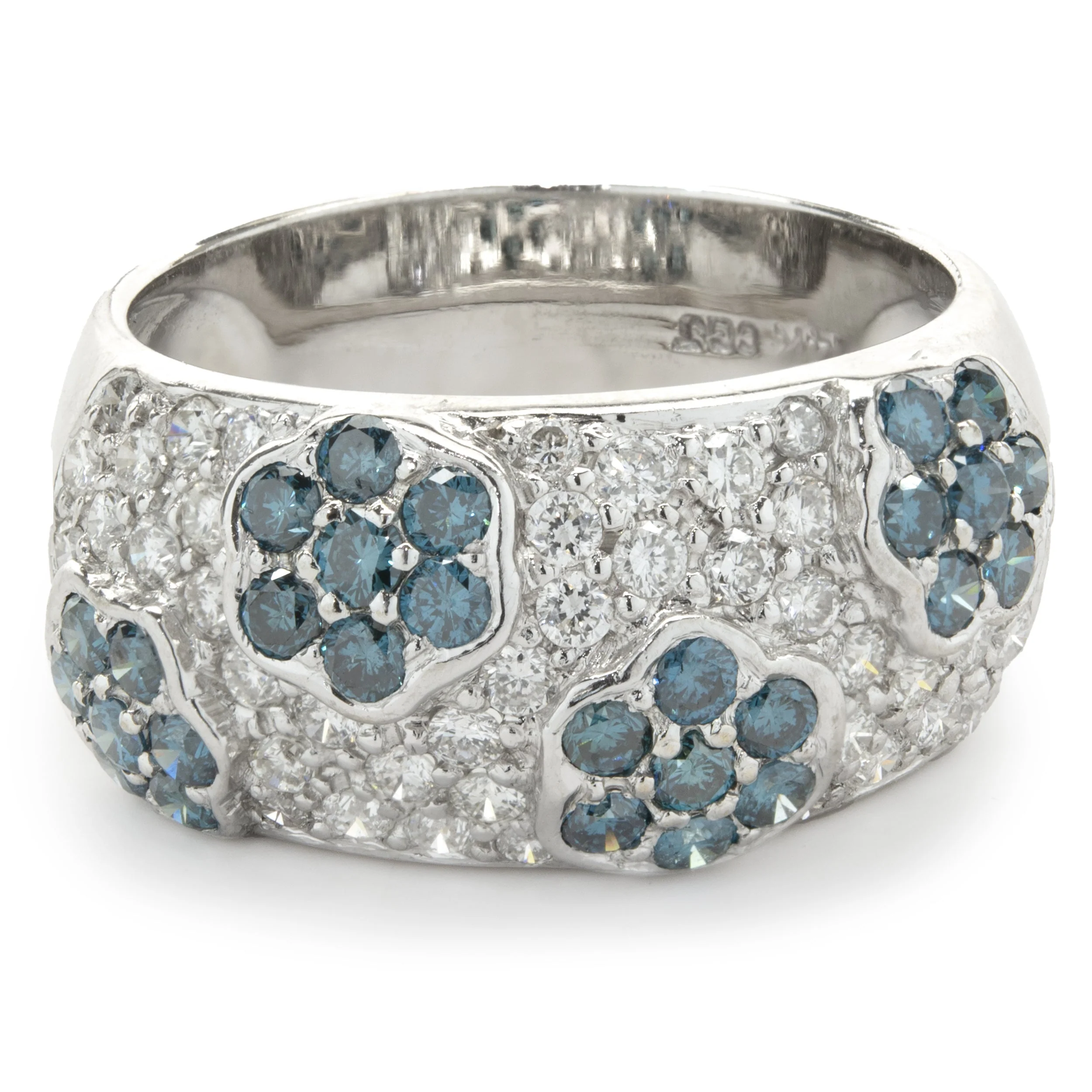 14 Karat White Gold White and Blue Diamond Flower Band