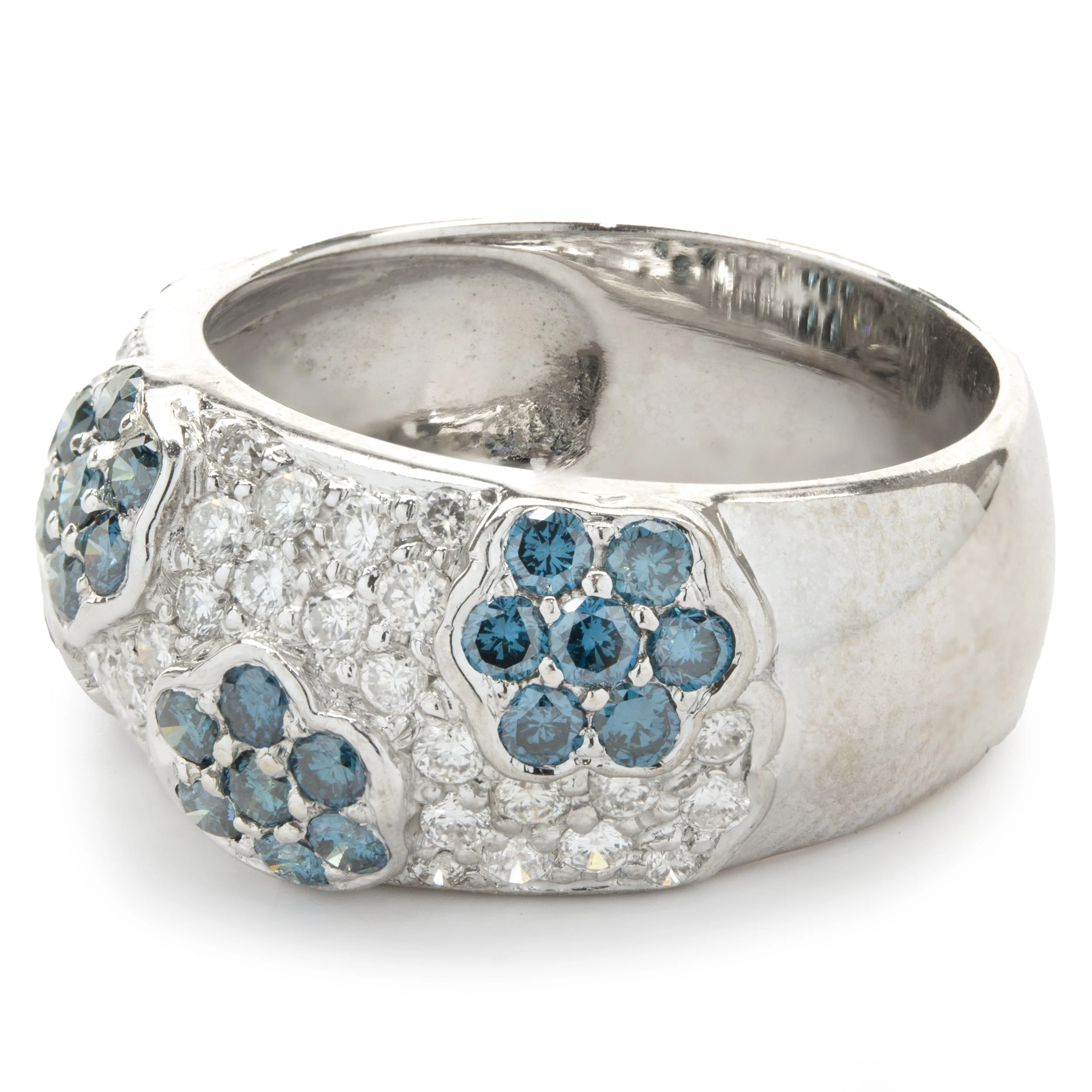 14 Karat White Gold White and Blue Diamond Flower Band - Image 2