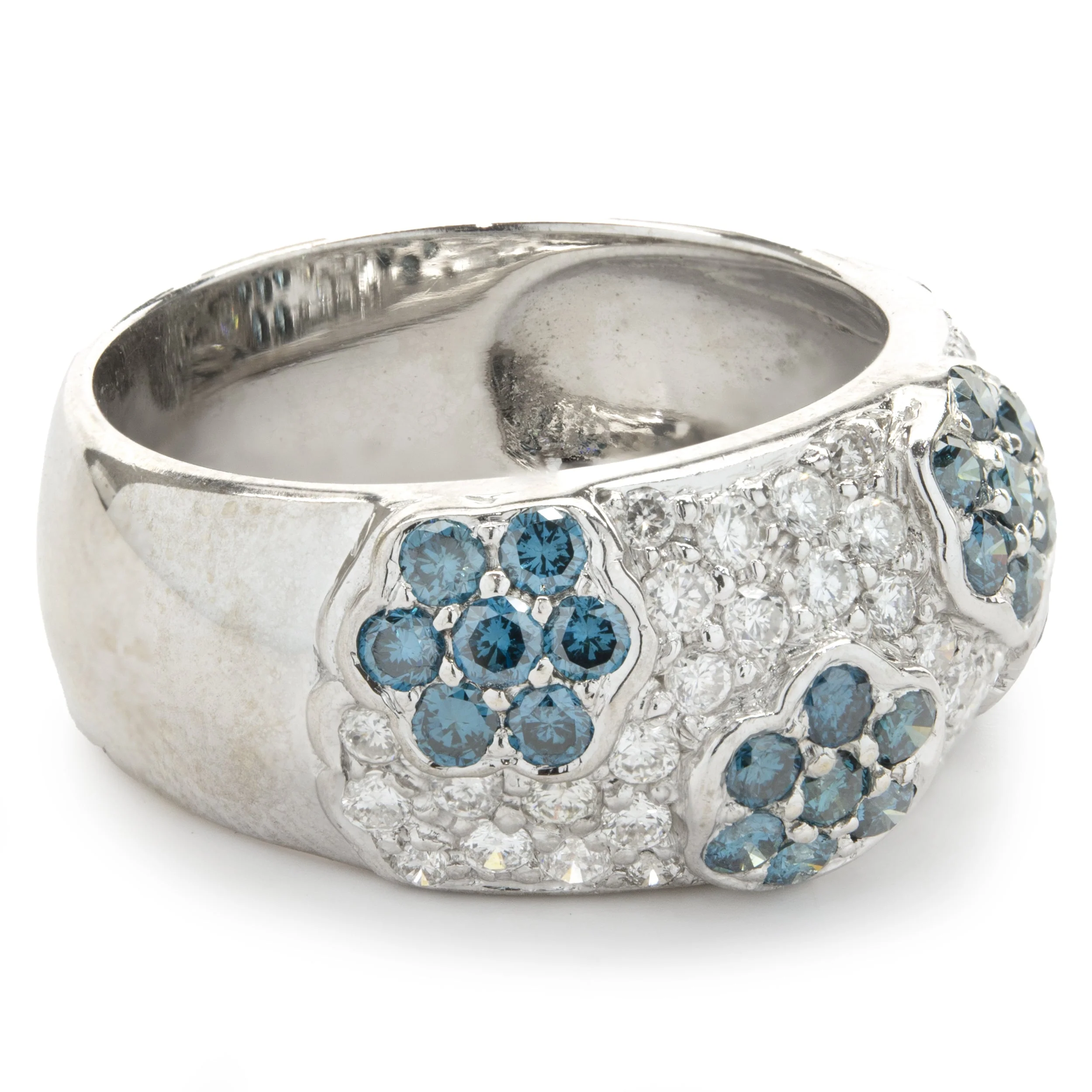 14 Karat White Gold White and Blue Diamond Flower Band - Image 3