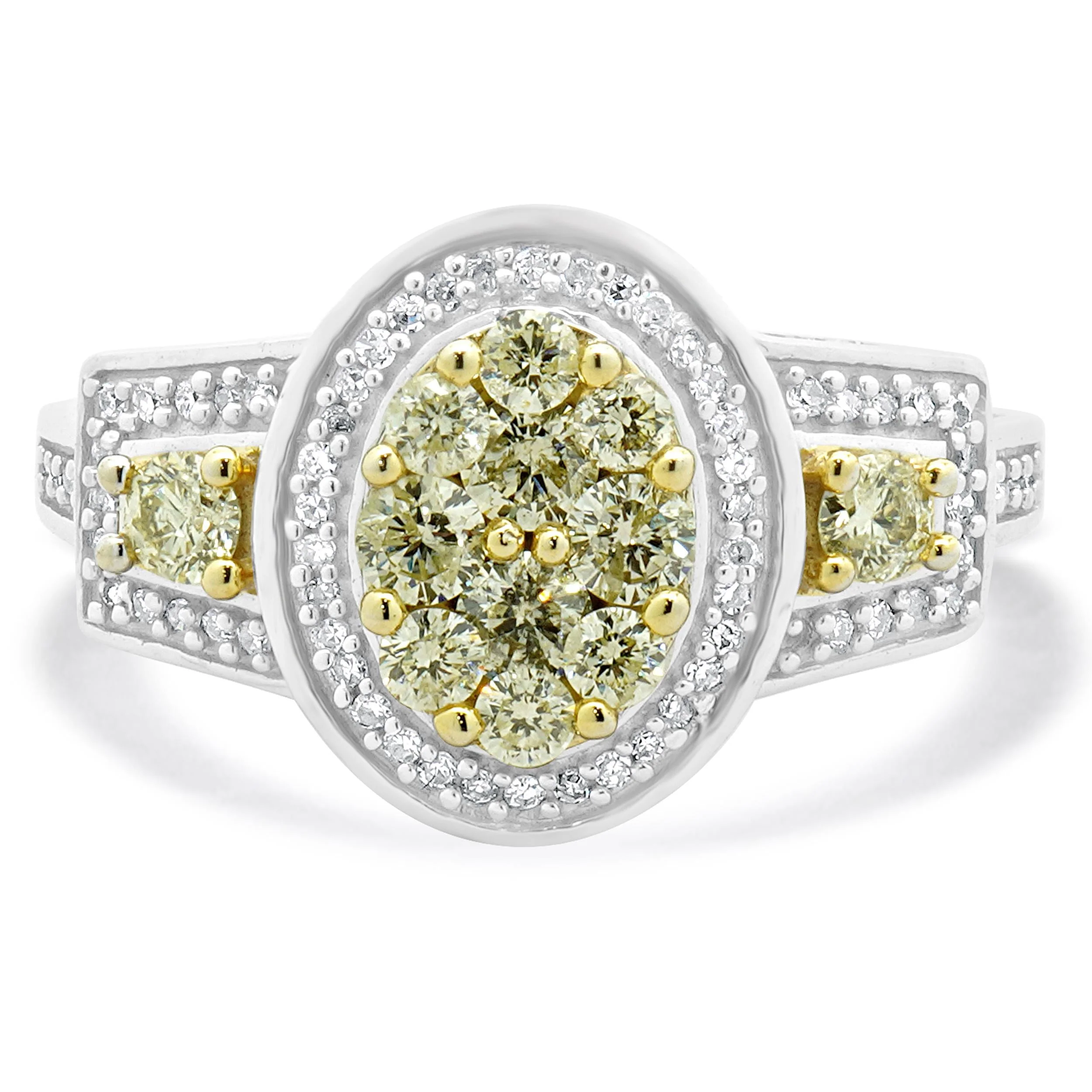 14 Karat White Gold White and Yellow Diamond Cluster Engagement Ring