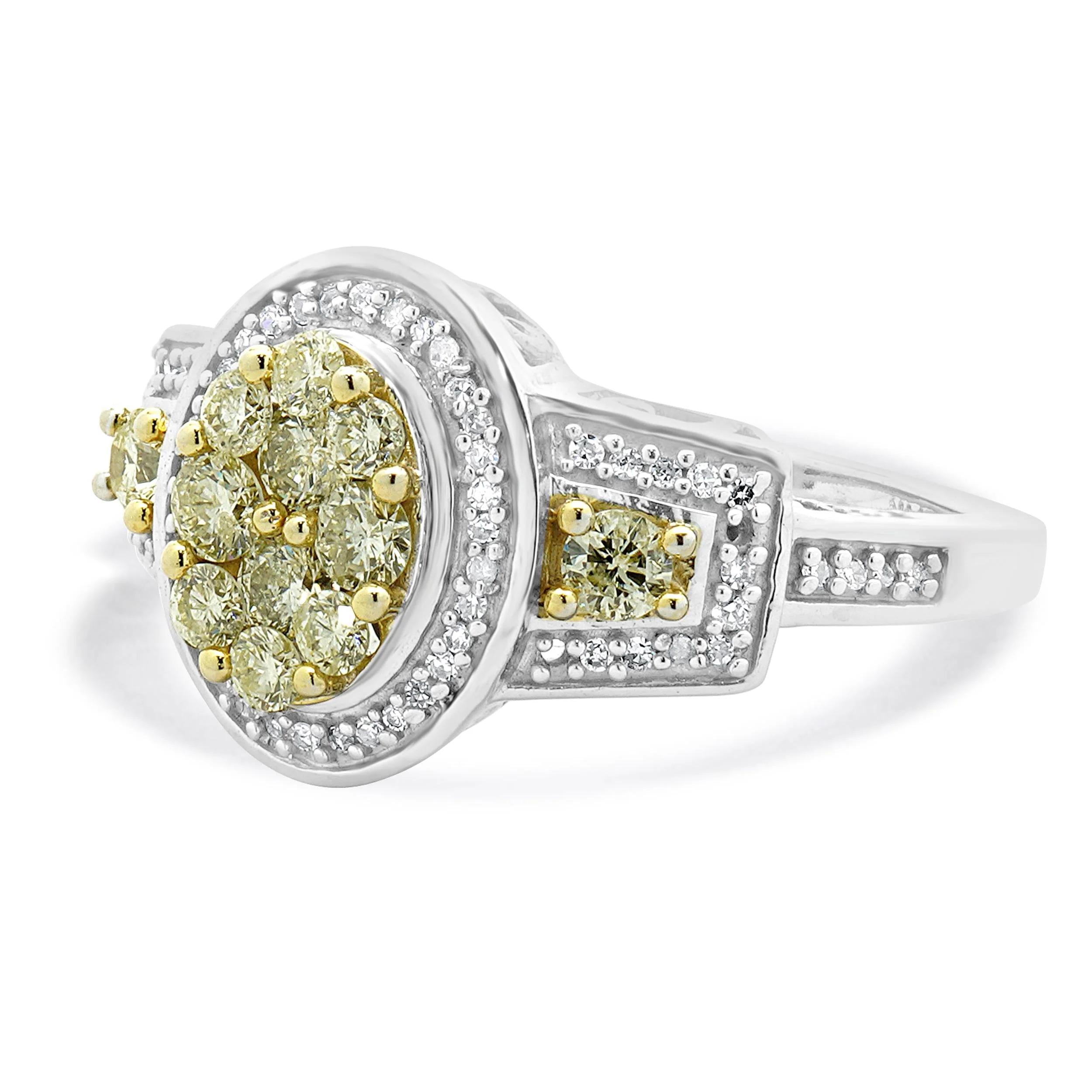 14 Karat White Gold White and Yellow Diamond Cluster Engagement Ring - Image 2
