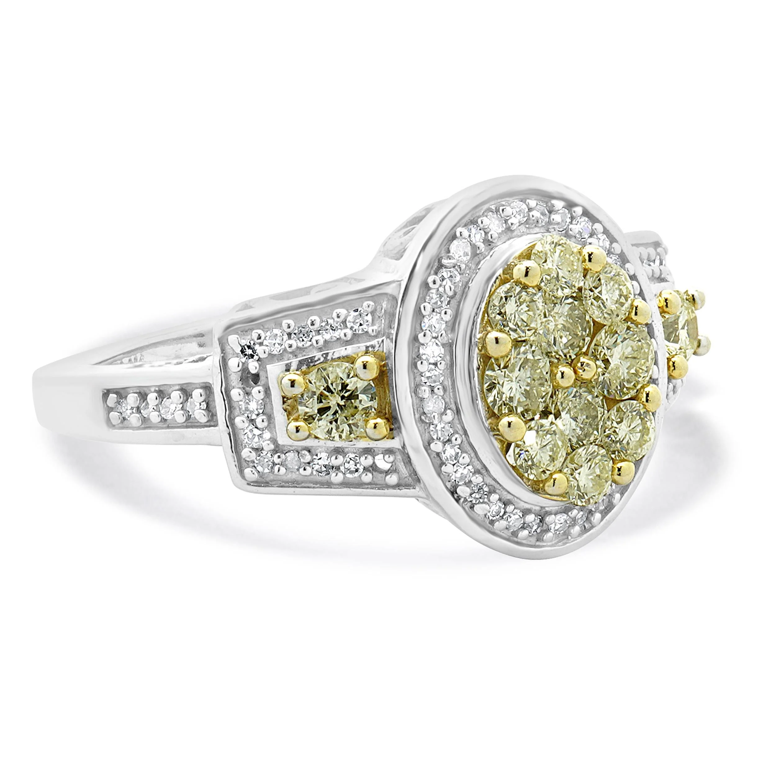 14 Karat White Gold White and Yellow Diamond Cluster Engagement Ring - Image 3