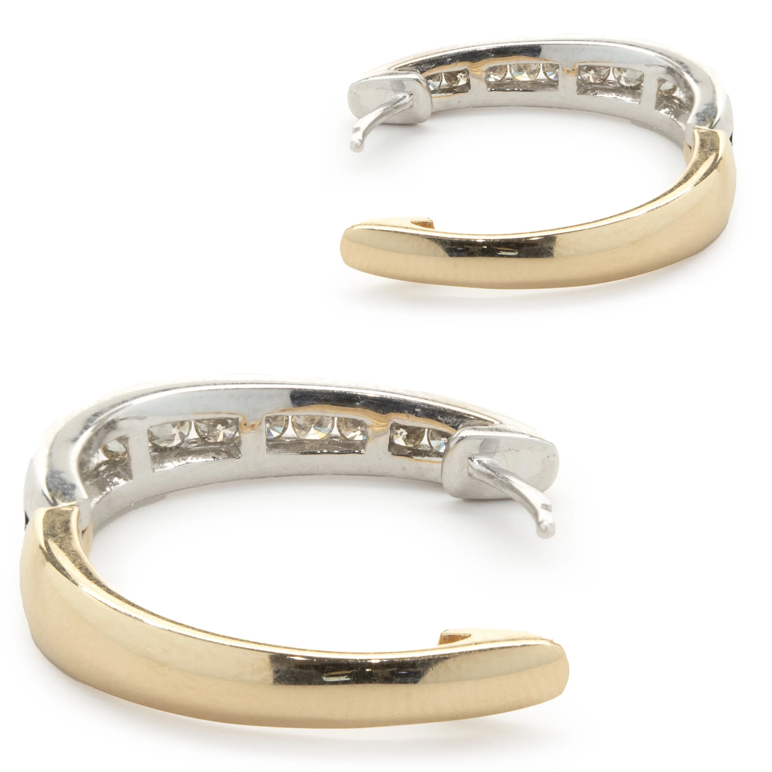 14 Karat Yellow and White Gold Channel Set Diamond Hoop Earrings - Image 4