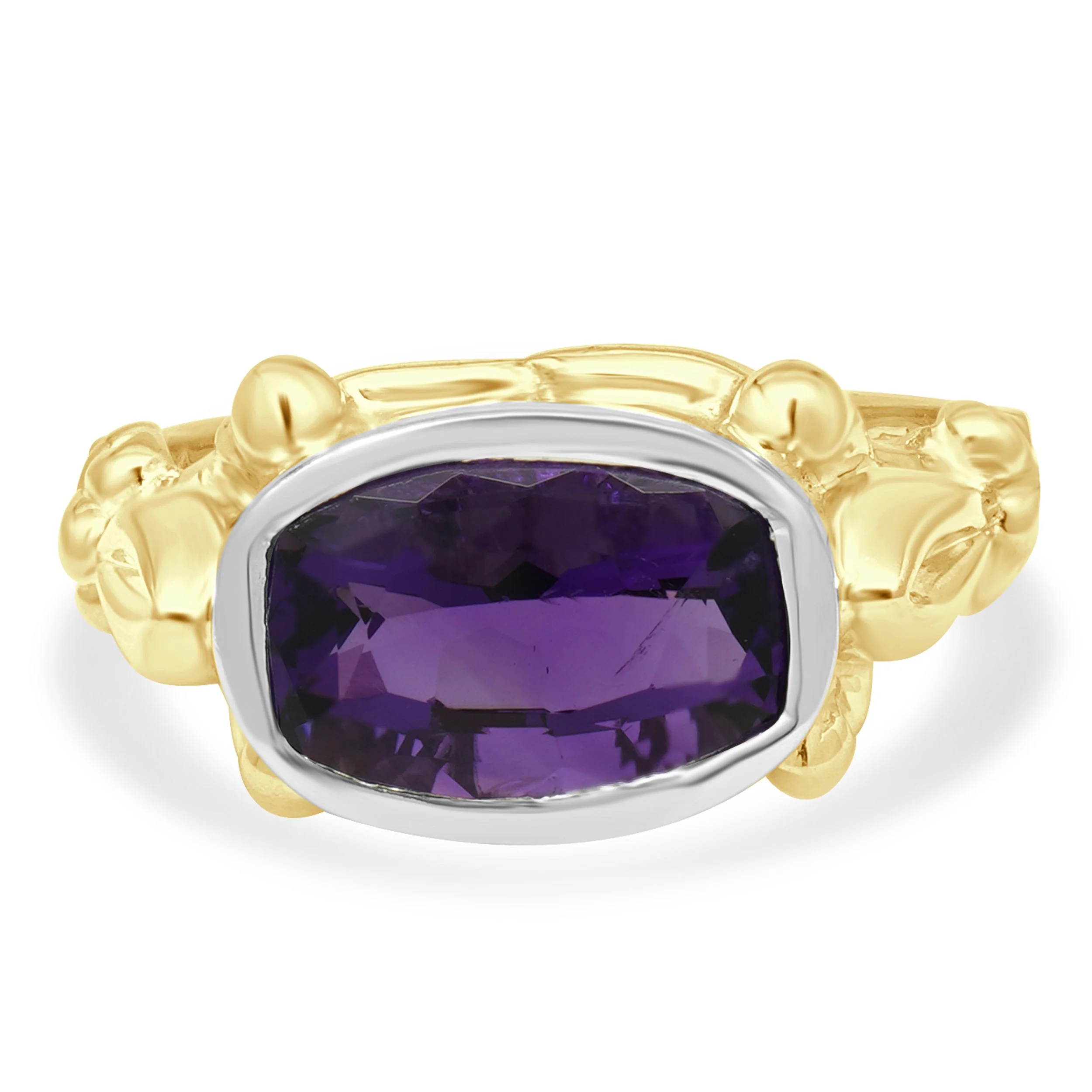 14 Karat Yellow and White Gold Elongated Cushion Cut Amethyst Solitaire Cocktail Ring