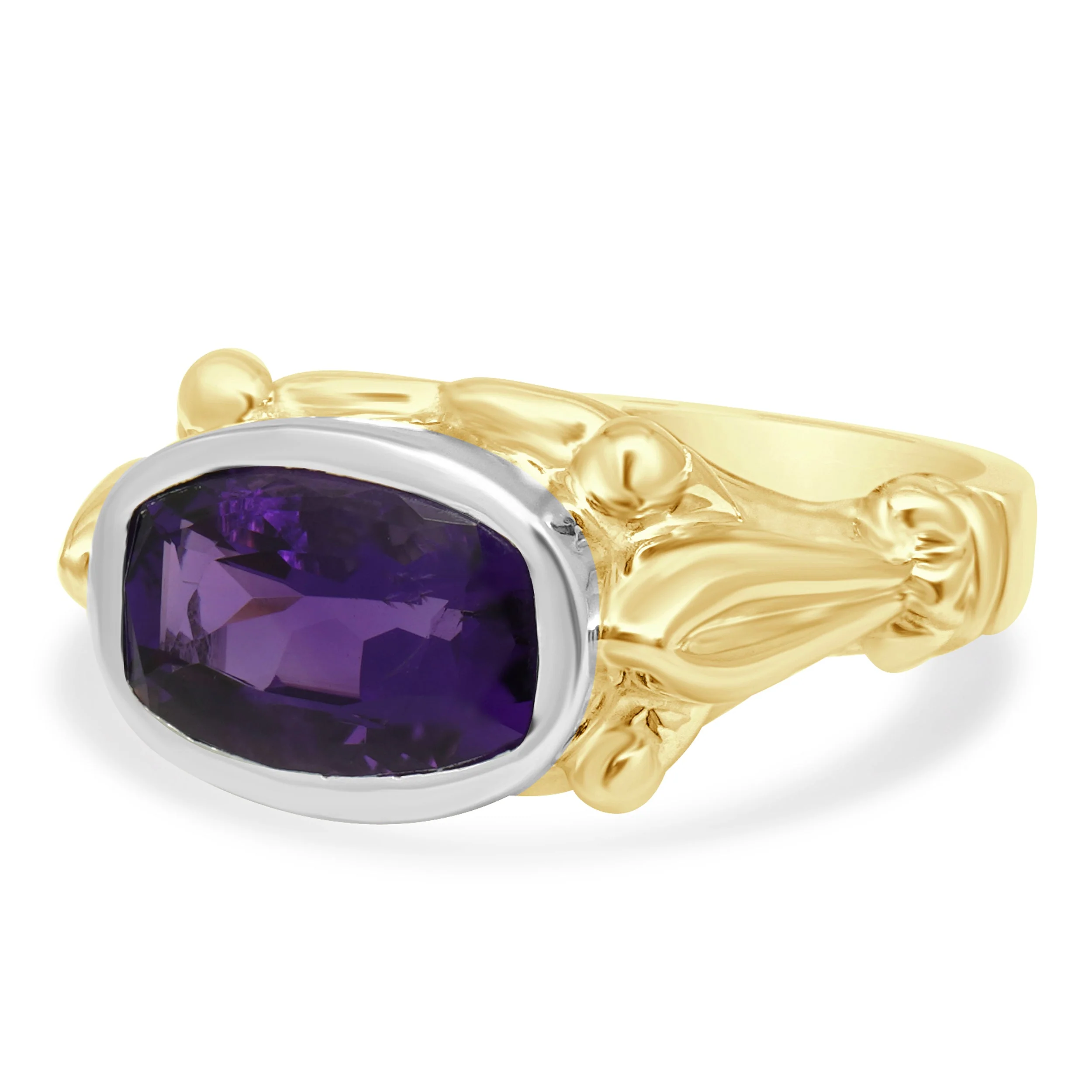 14 Karat Yellow and White Gold Elongated Cushion Cut Amethyst Solitaire Cocktail Ring - Image 2