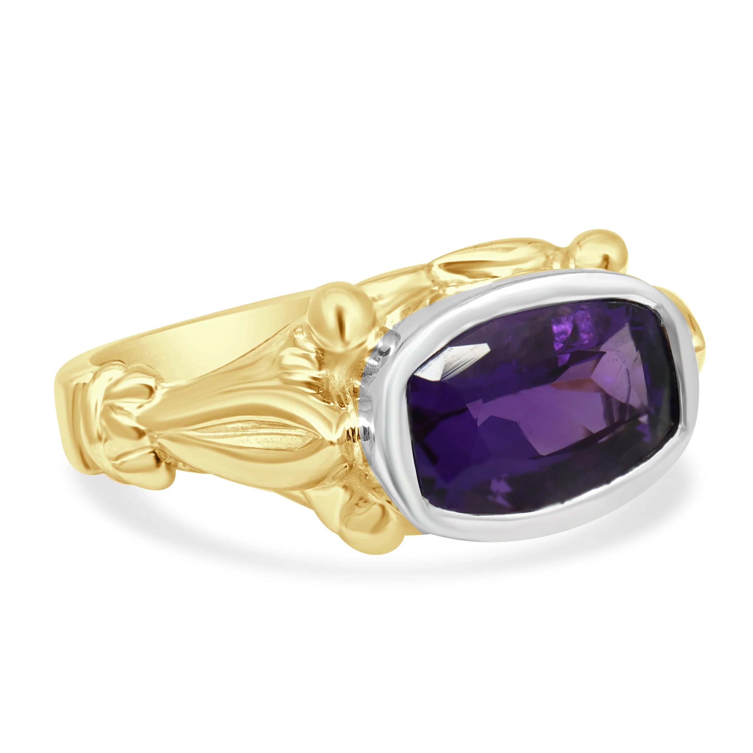14 Karat Yellow and White Gold Elongated Cushion Cut Amethyst Solitaire Cocktail Ring - Image 3