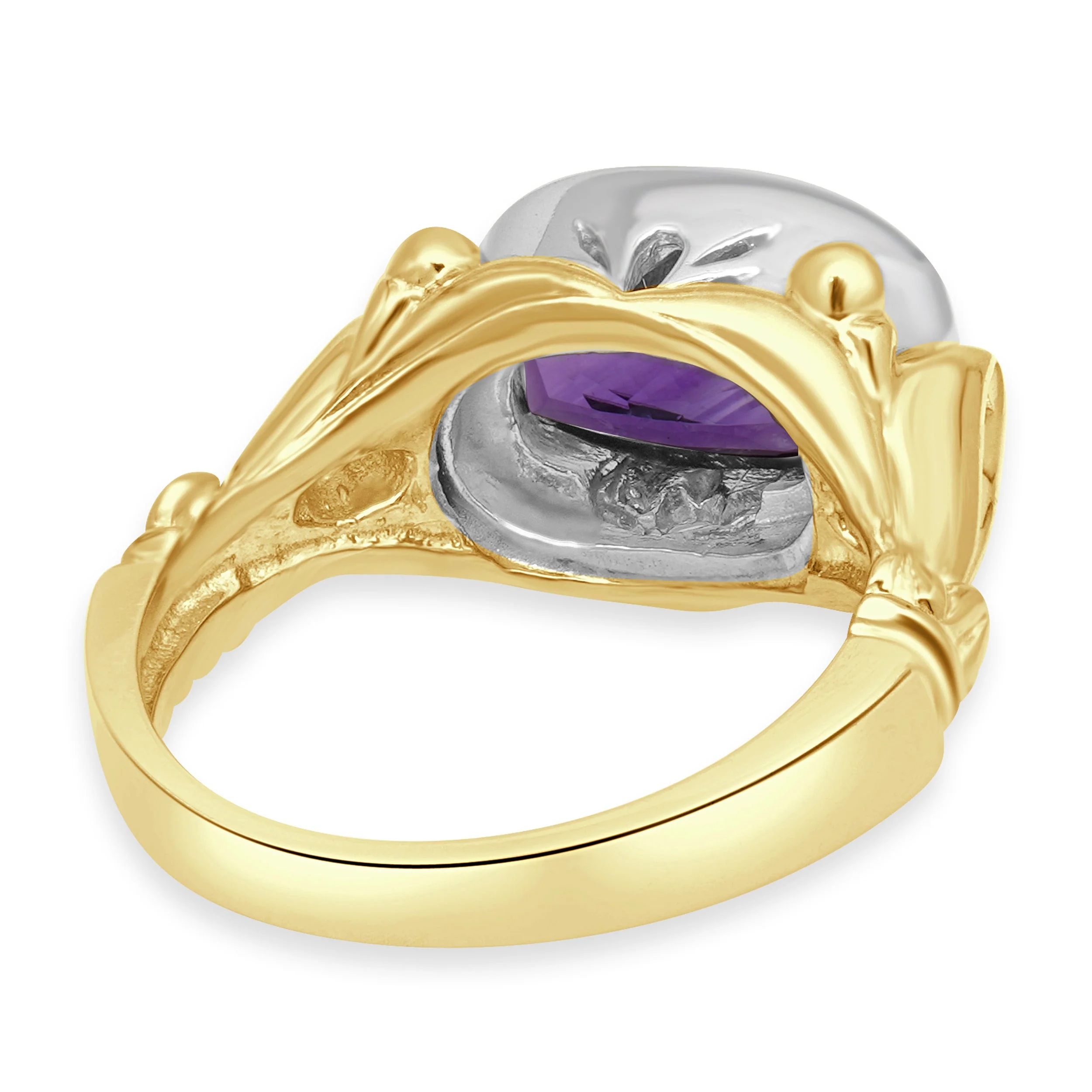 14 Karat Yellow and White Gold Elongated Cushion Cut Amethyst Solitaire Cocktail Ring - Image 4