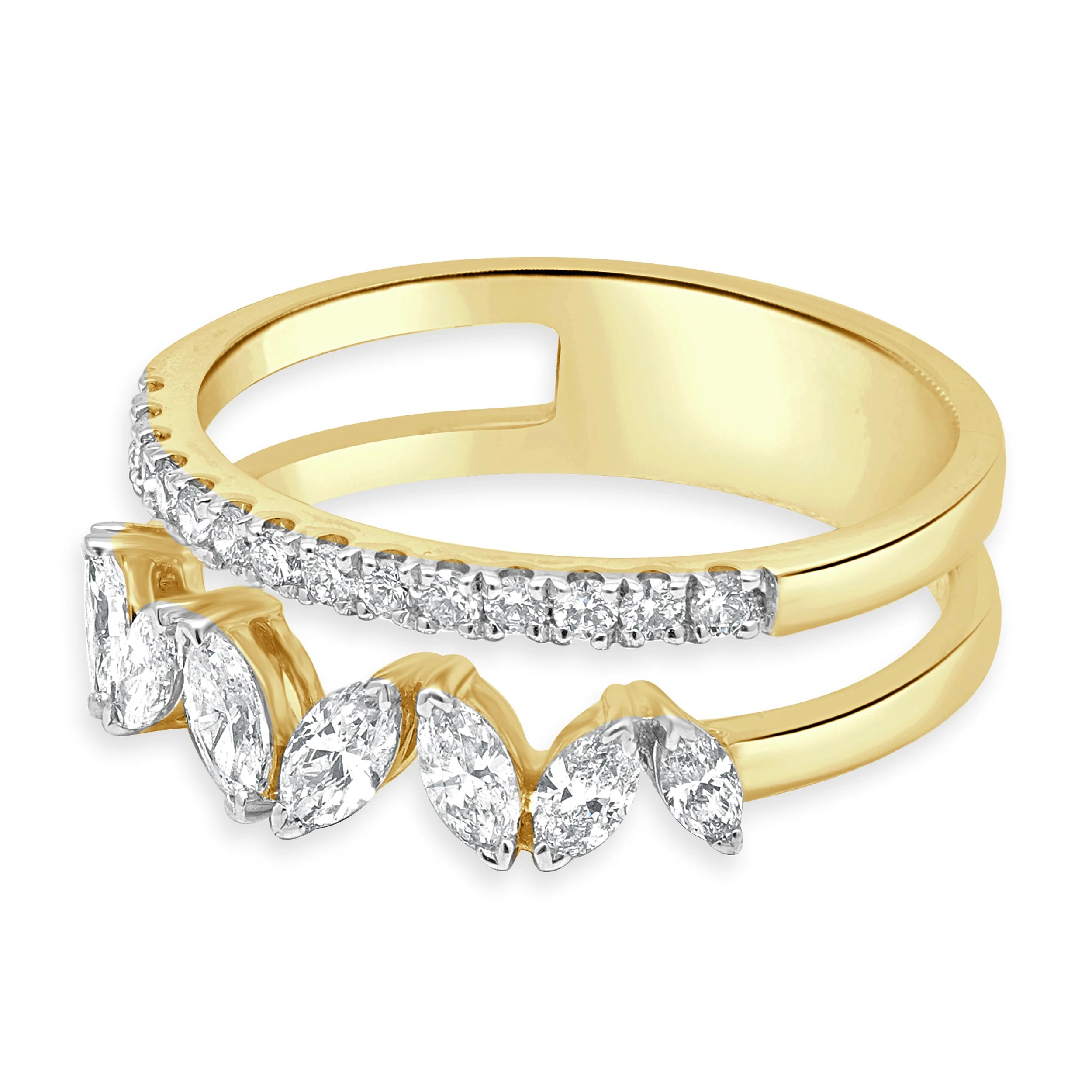14 Karat Yellow Gold 2-Row Prong Set Marquise Cut and Round Diamond Bar Ring - Image 2