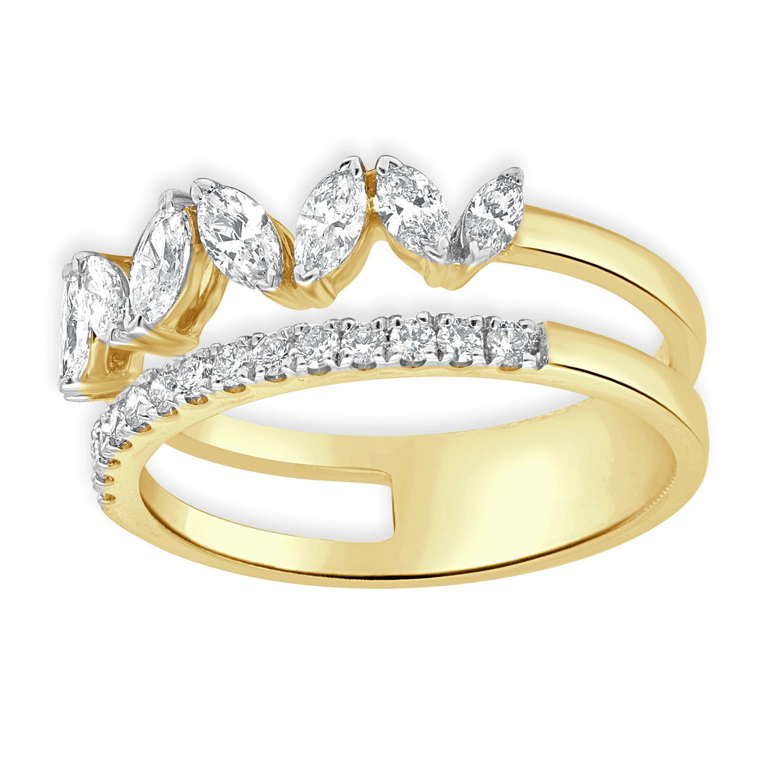 14 Karat Yellow Gold 2-Row Prong Set Marquise Cut and Round Diamond Bar Ring - Image 3