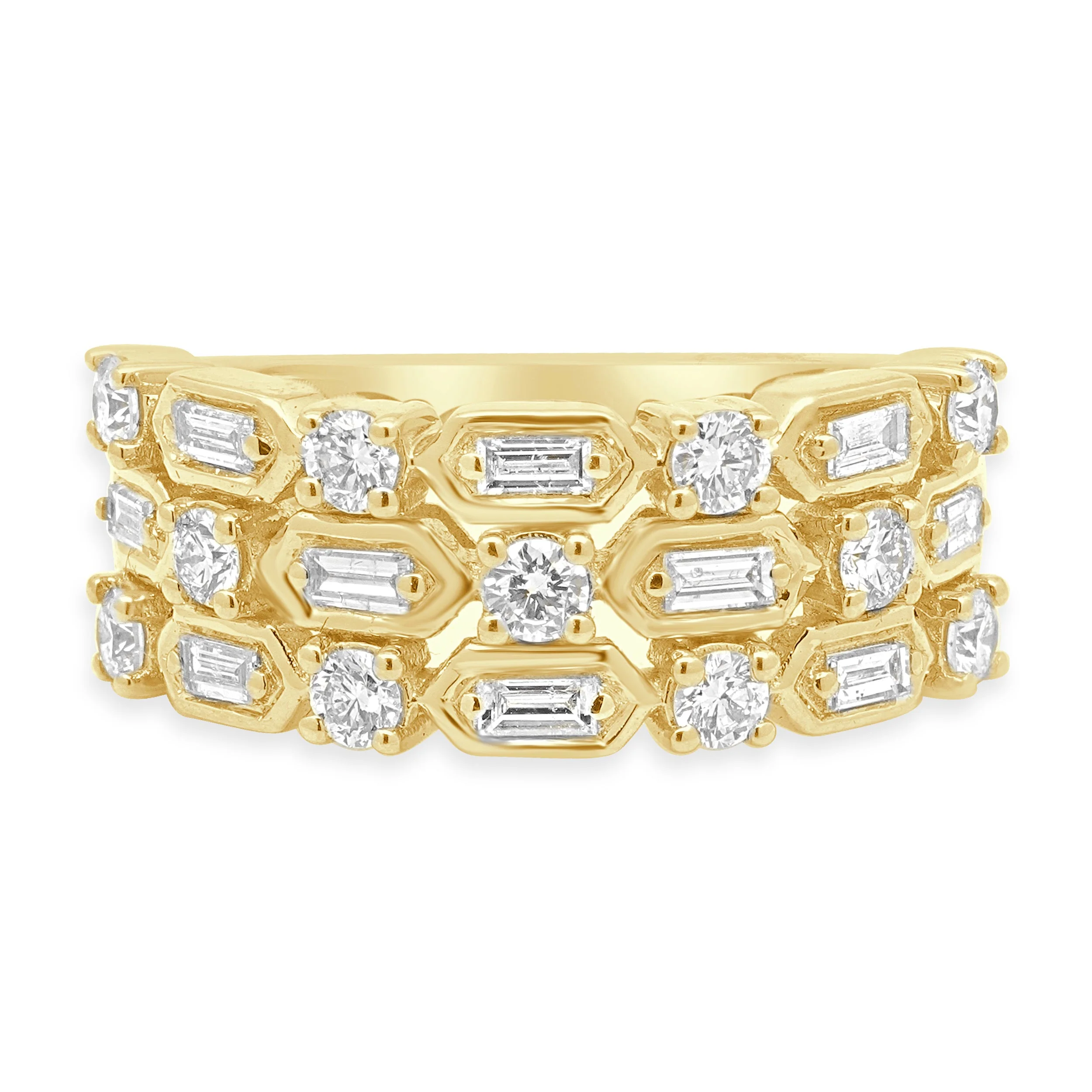 14 Karat Yellow Gold 3-Row Alternating Baguette and Round Diamond Band