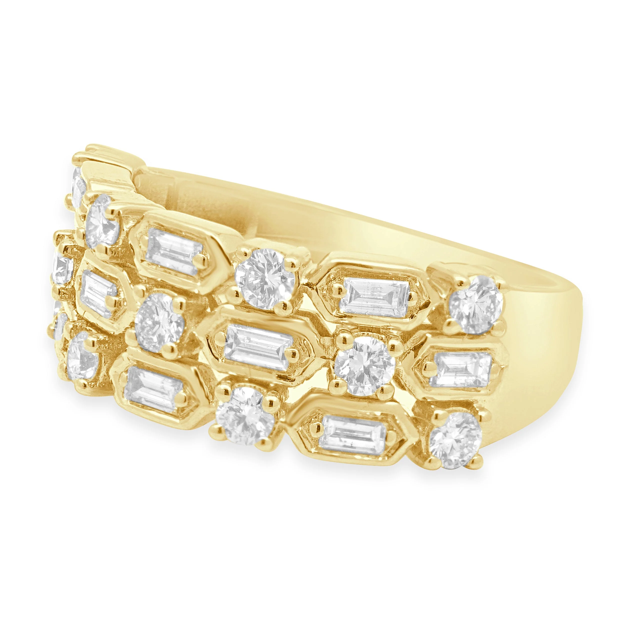 14 Karat Yellow Gold 3-Row Alternating Baguette and Round Diamond Band - Image 2