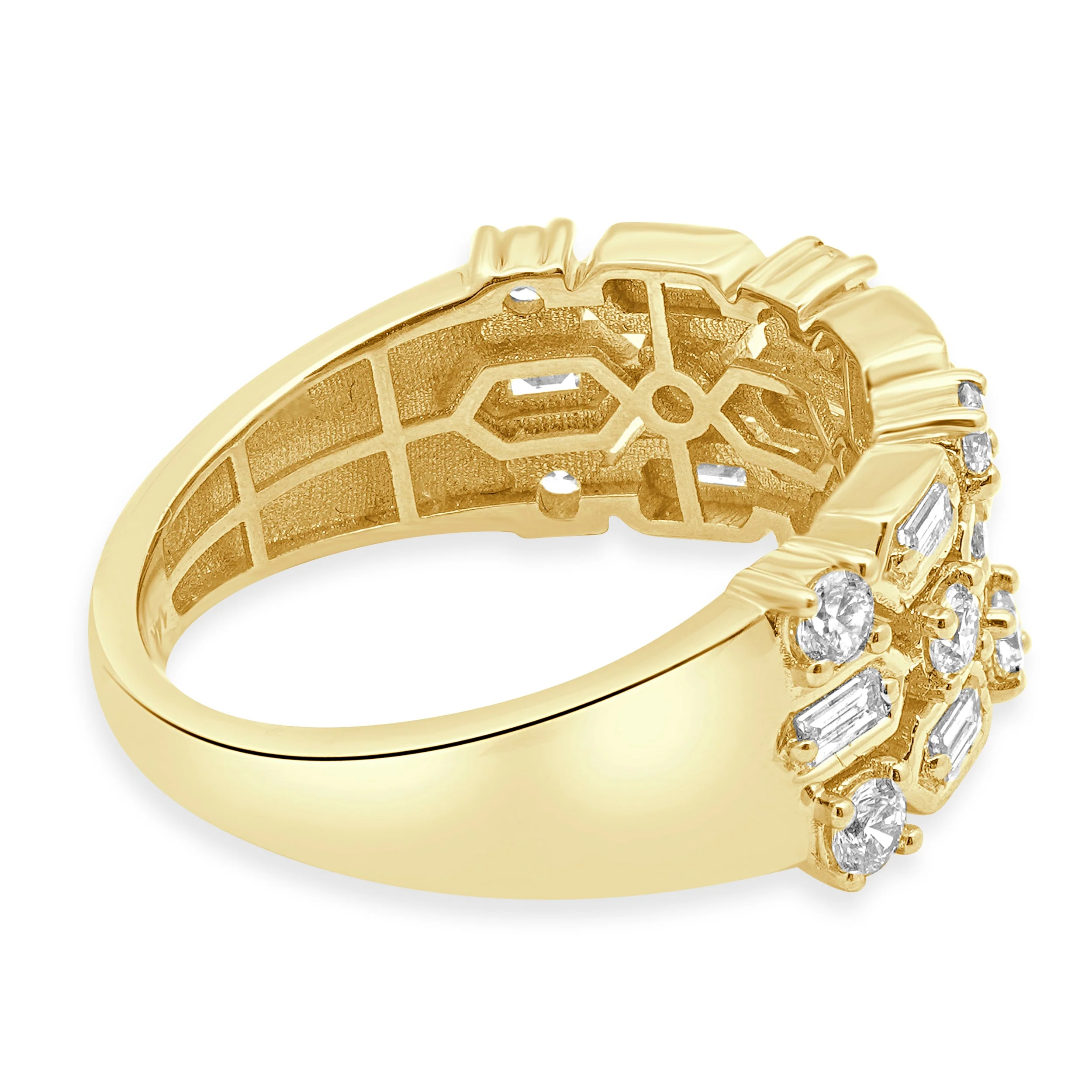 14 Karat Yellow Gold 3-Row Alternating Baguette and Round Diamond Band - Image 3