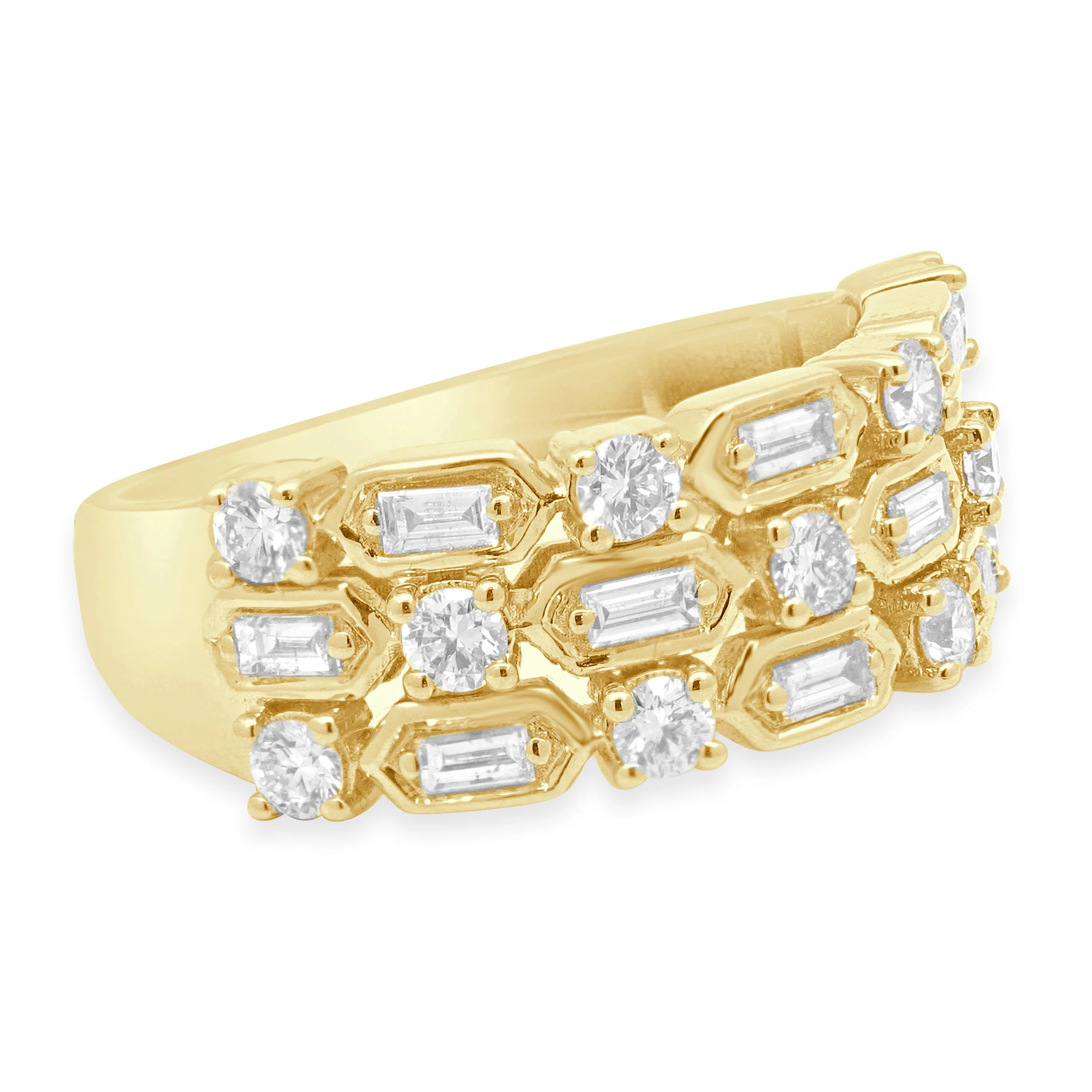 14 Karat Yellow Gold 3-Row Alternating Baguette and Round Diamond Band - Image 4