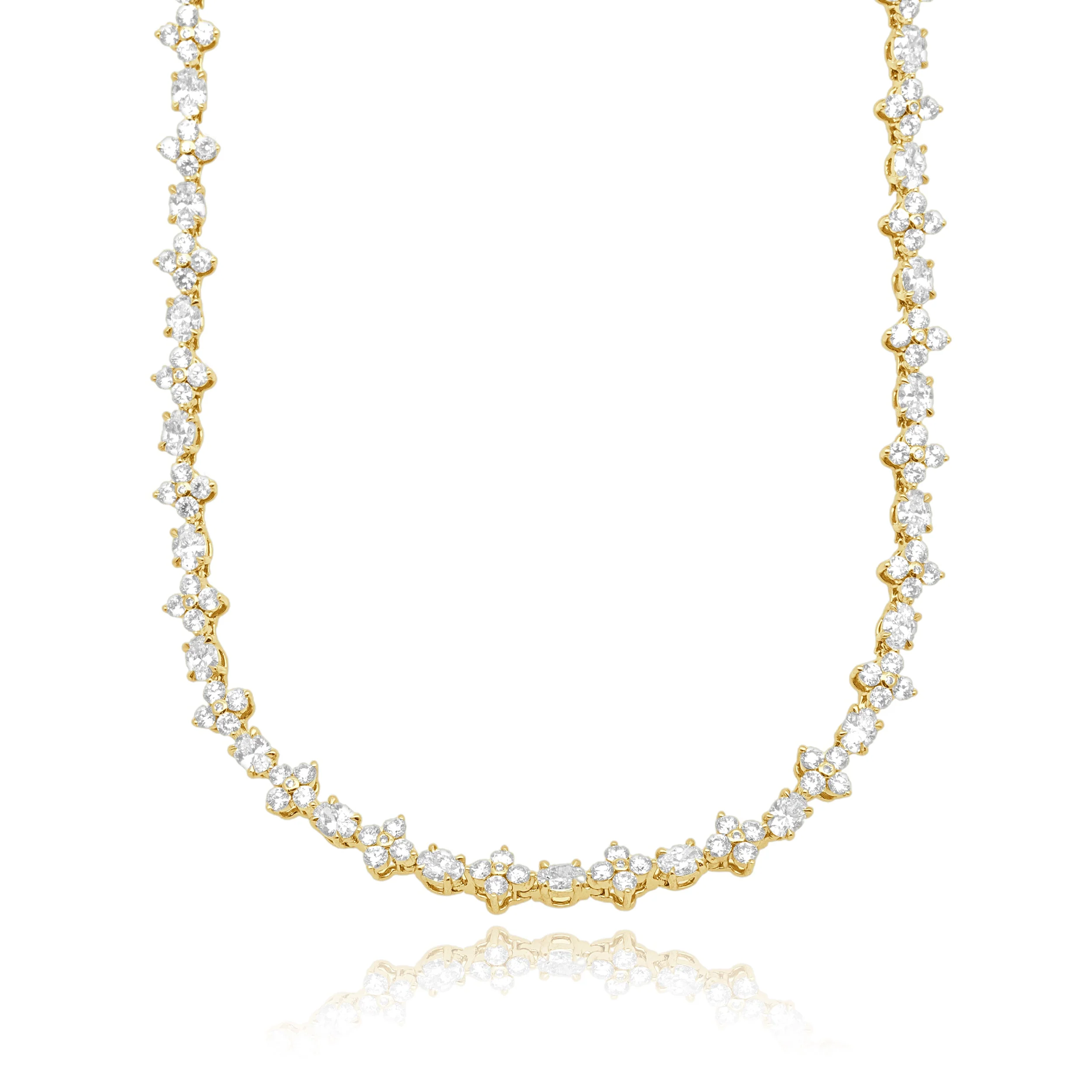 14 Karat Yellow Gold Alternating Oval & Round Diamond Floral Inline Necklace