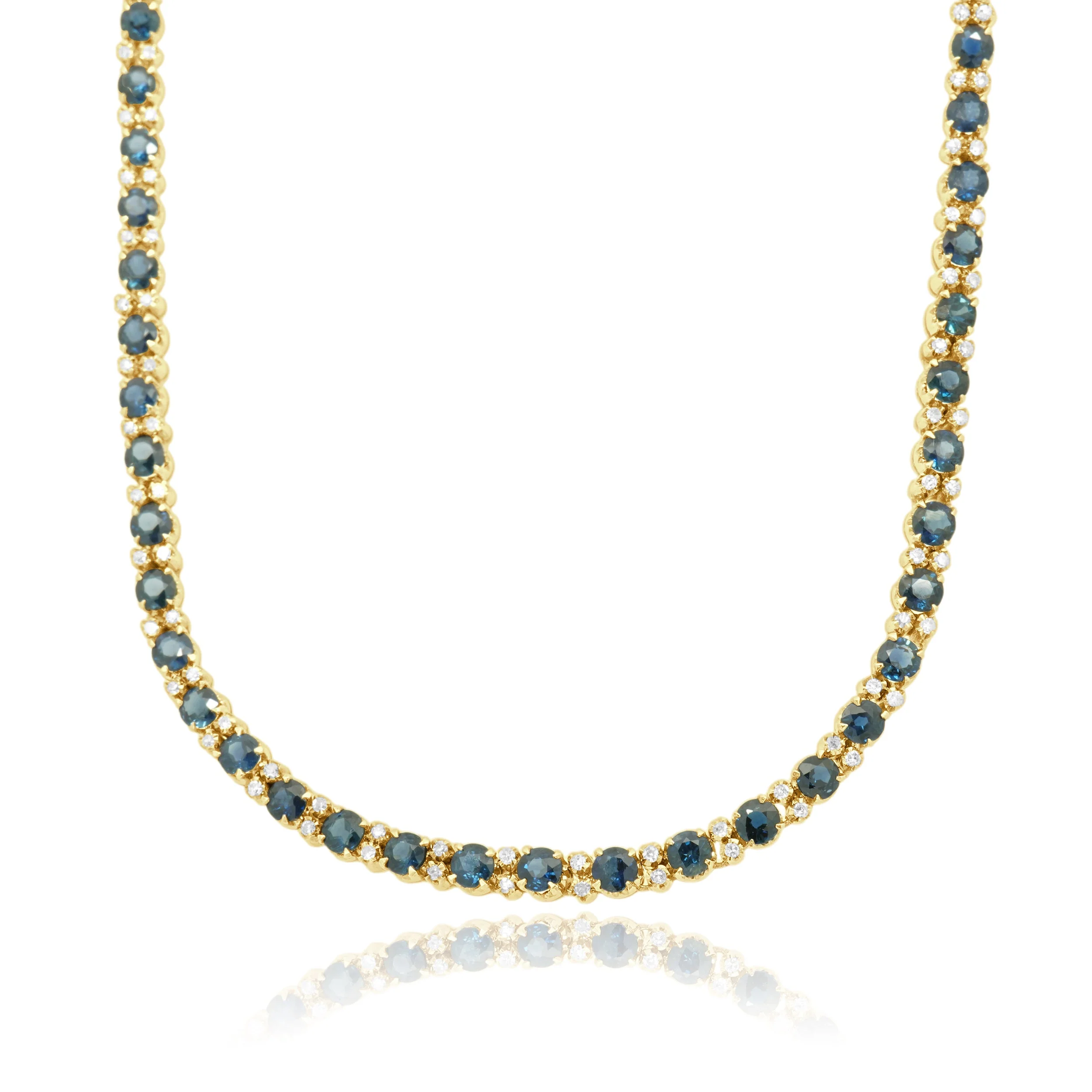 14 Karat Yellow Gold Alternating Prong Set Round Blue Sapphire and Round Diamond Inline Necklace