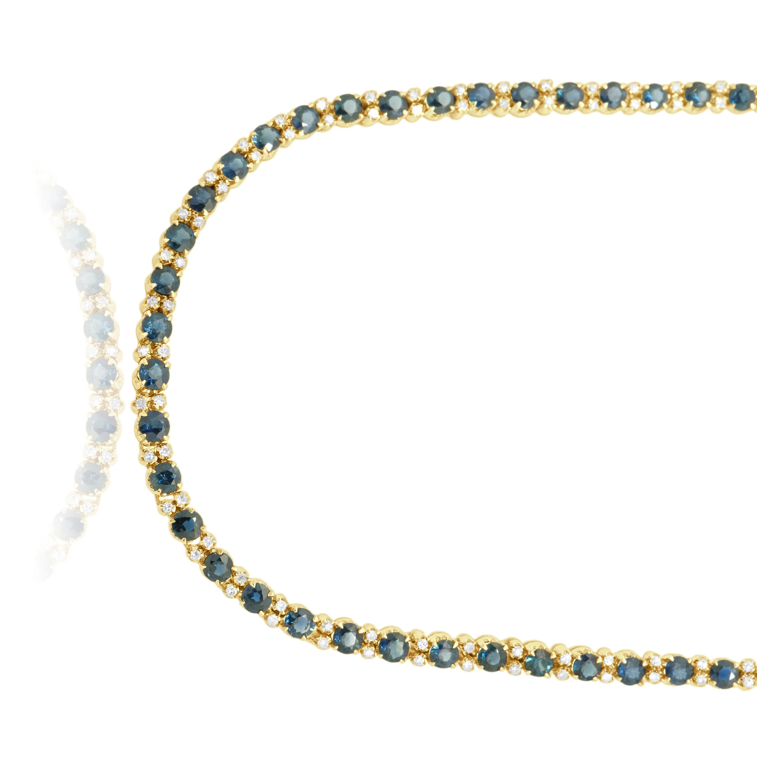 14 Karat Yellow Gold Alternating Prong Set Round Blue Sapphire and Round Diamond Inline Necklace - Image 2