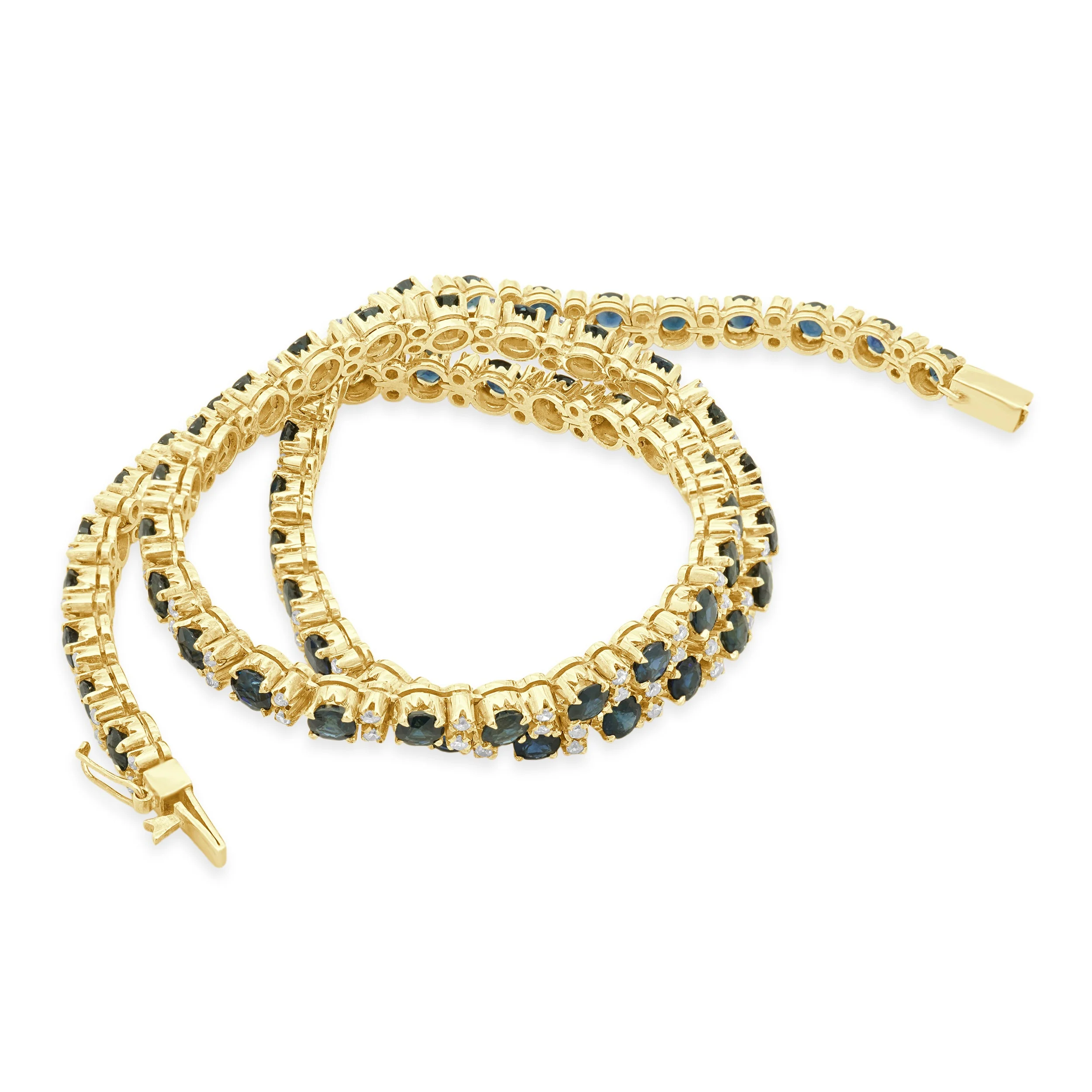 14 Karat Yellow Gold Alternating Prong Set Round Blue Sapphire and Round Diamond Inline Necklace - Image 3