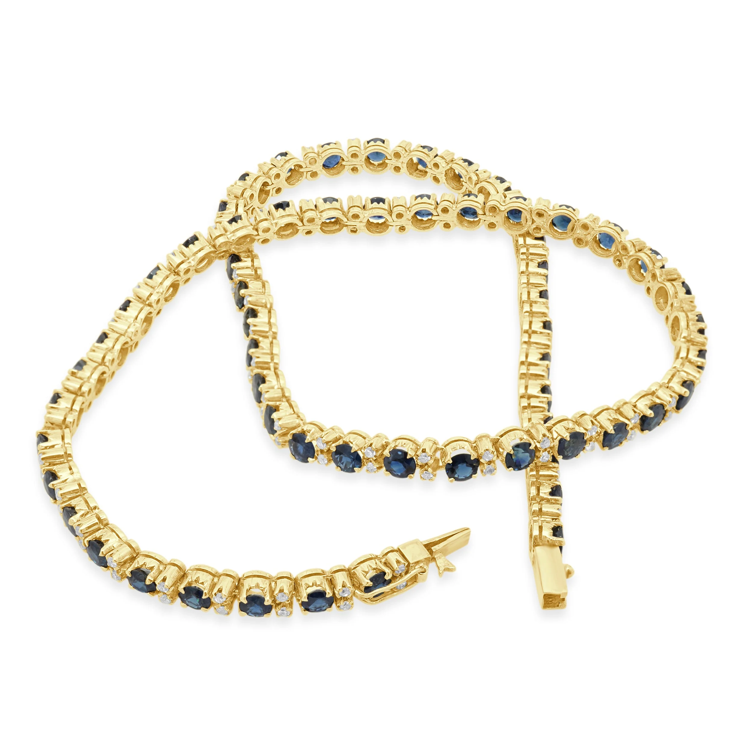 14 Karat Yellow Gold Alternating Prong Set Round Blue Sapphire and Round Diamond Inline Necklace - Image 4