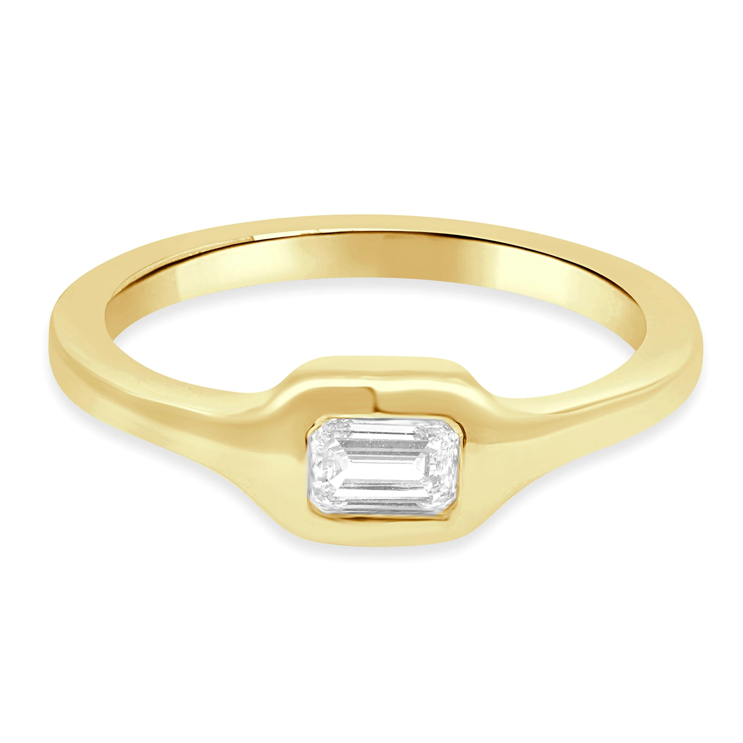 14 Karat Yellow Gold and Flush Set Emerald Cut Diamond Solitaire Fashion Ring