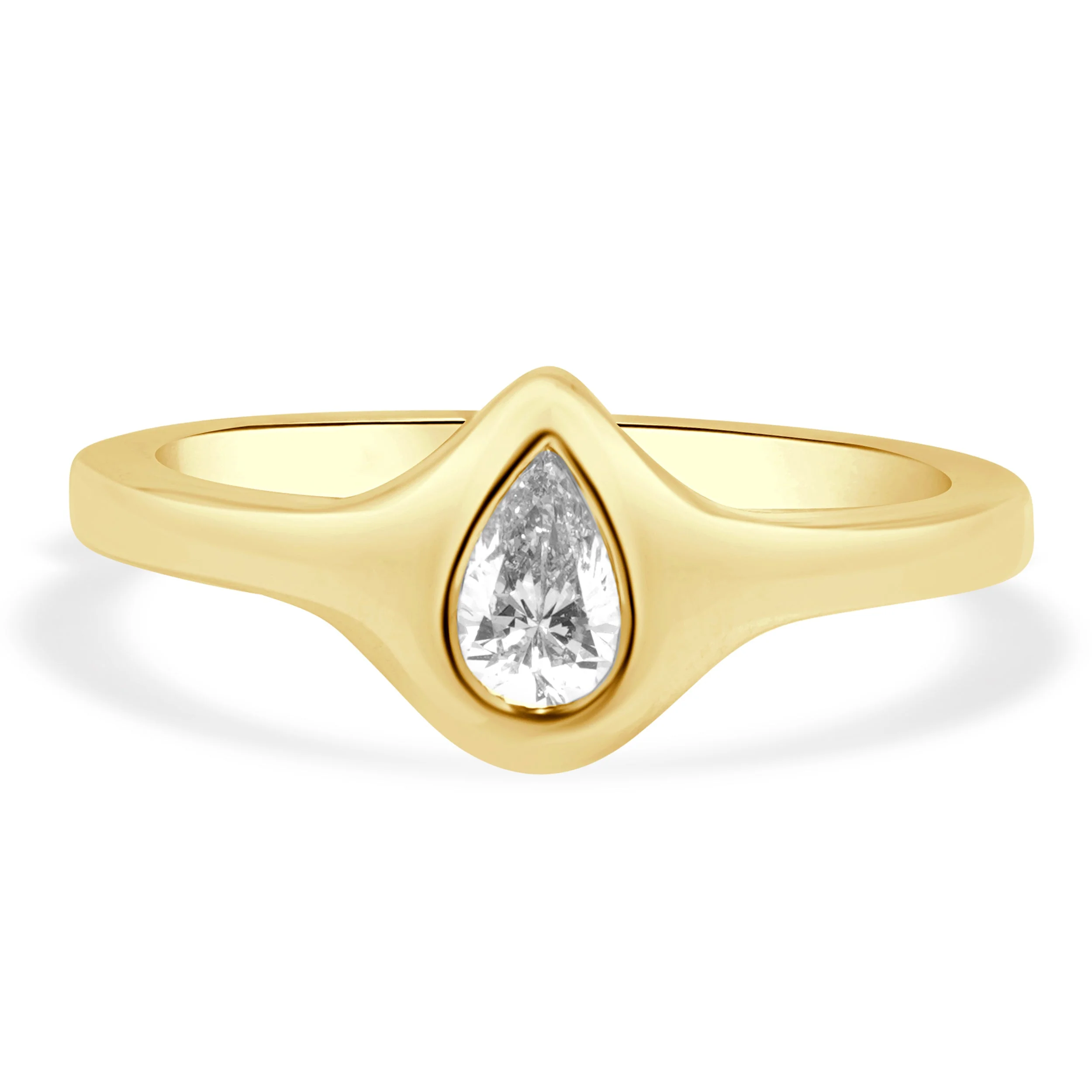 14 Karat Yellow Gold and Flush Set Pear Cut Diamond Solitaire Fashion Ring