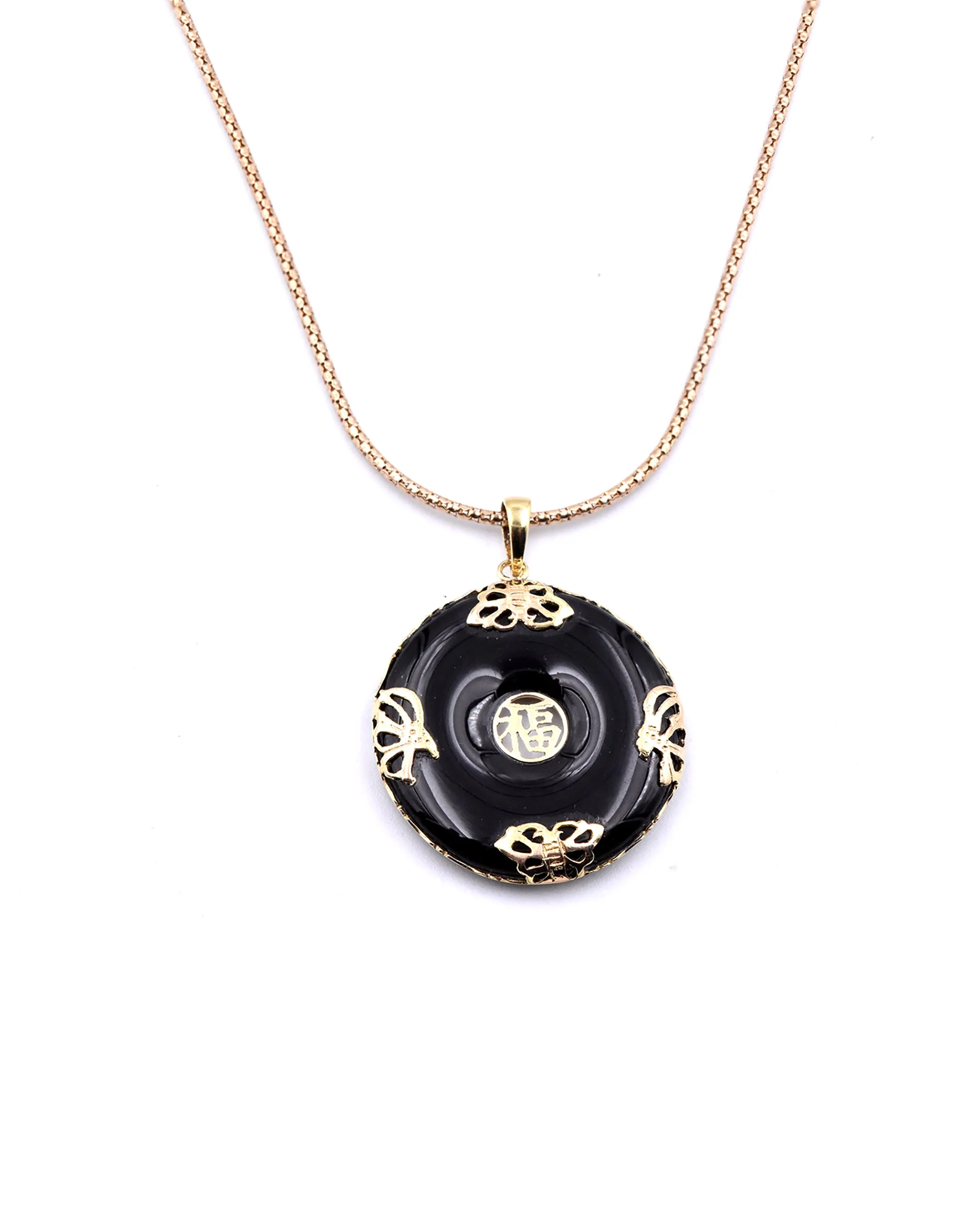 14 Karat Yellow Gold Asian Style Black Jade Necklace