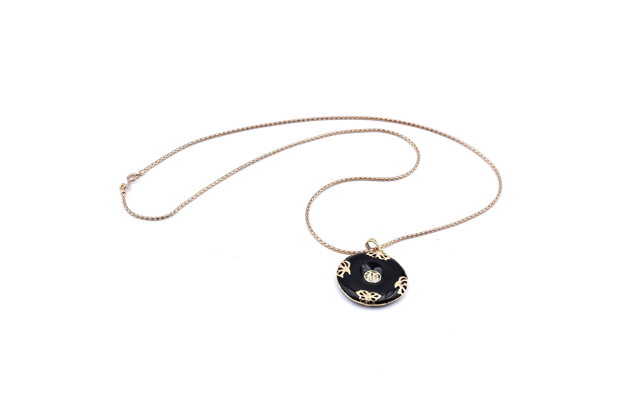 14 Karat Yellow Gold Asian Style Black Jade Necklace - Image 2