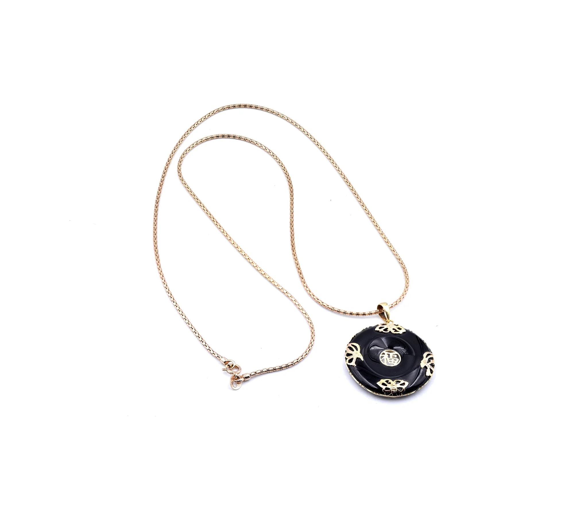 14 Karat Yellow Gold Asian Style Black Jade Necklace - Image 4