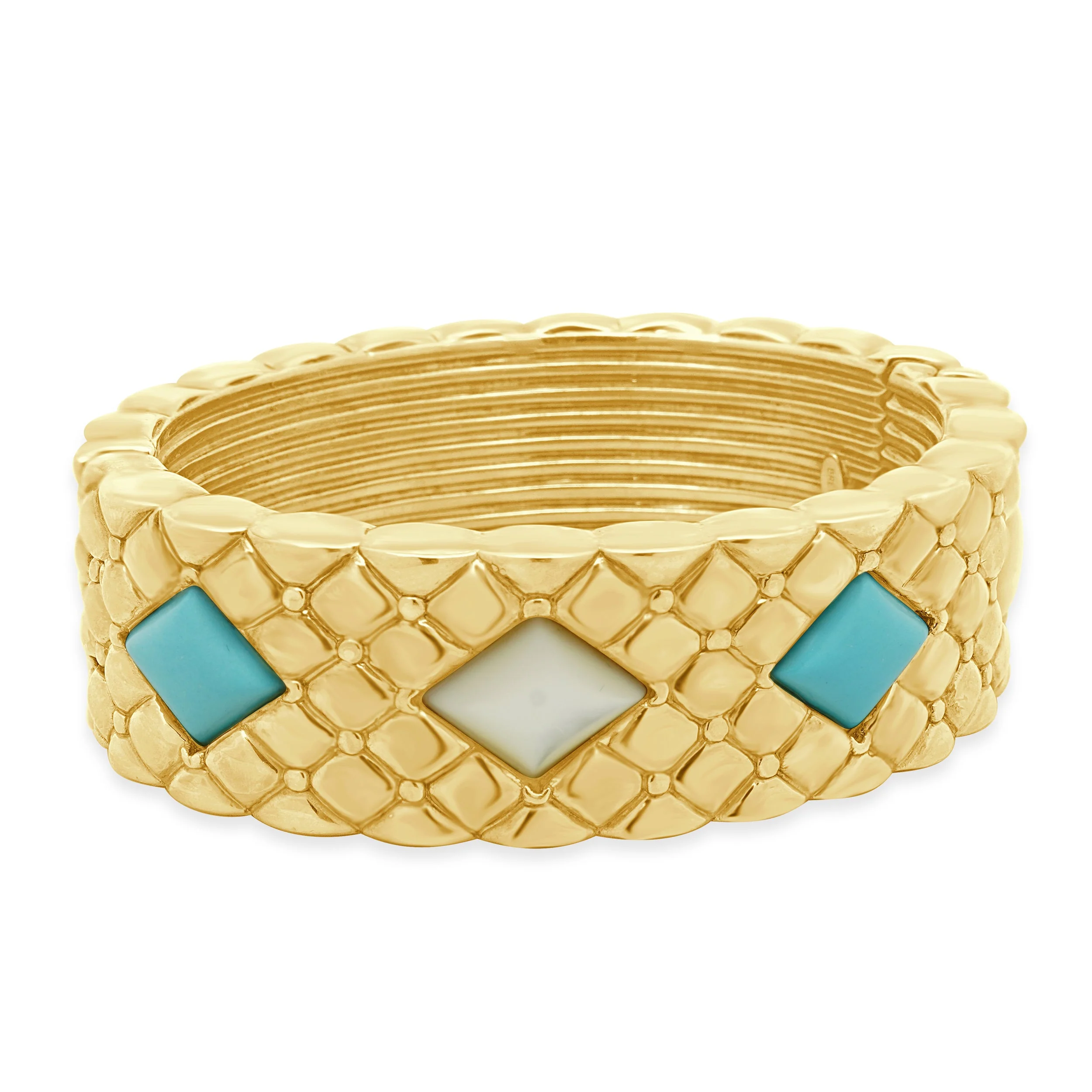 14 Karat Yellow Gold Bangle with Cabochon Mother of Pearl & Turquoise