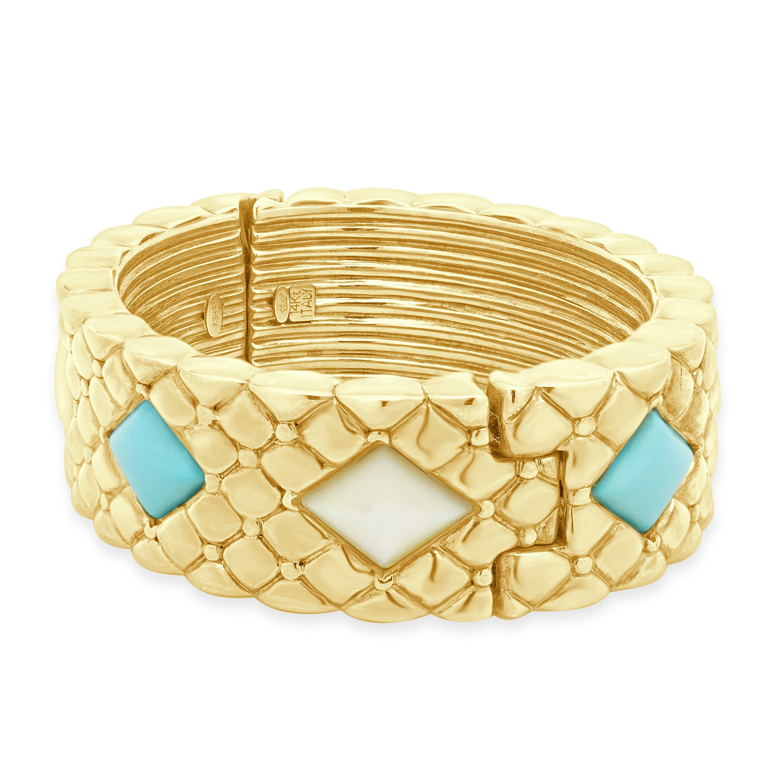 14 Karat Yellow Gold Bangle with Cabochon Mother of Pearl & Turquoise - Image 2