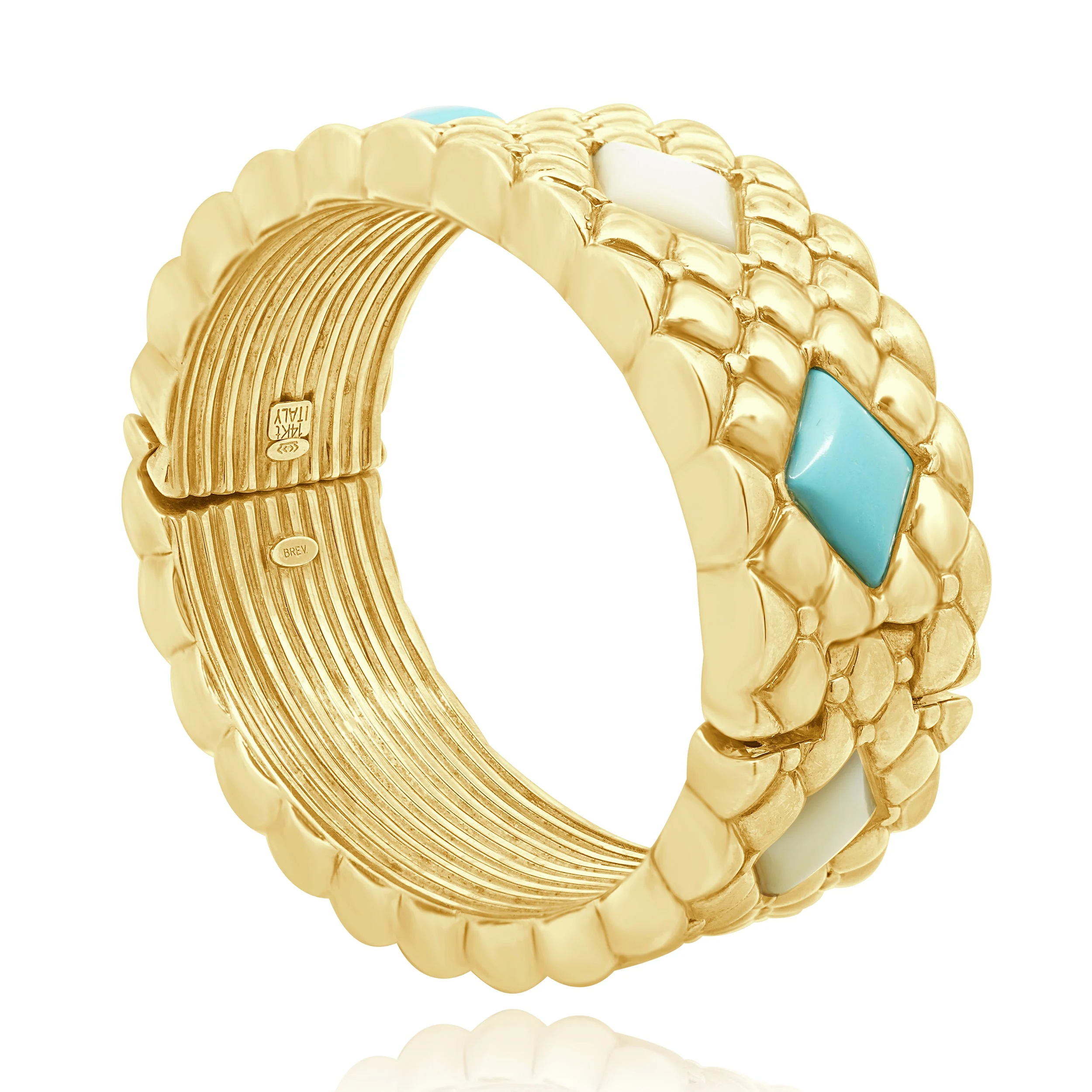 14 Karat Yellow Gold Bangle with Cabochon Mother of Pearl & Turquoise - Image 3