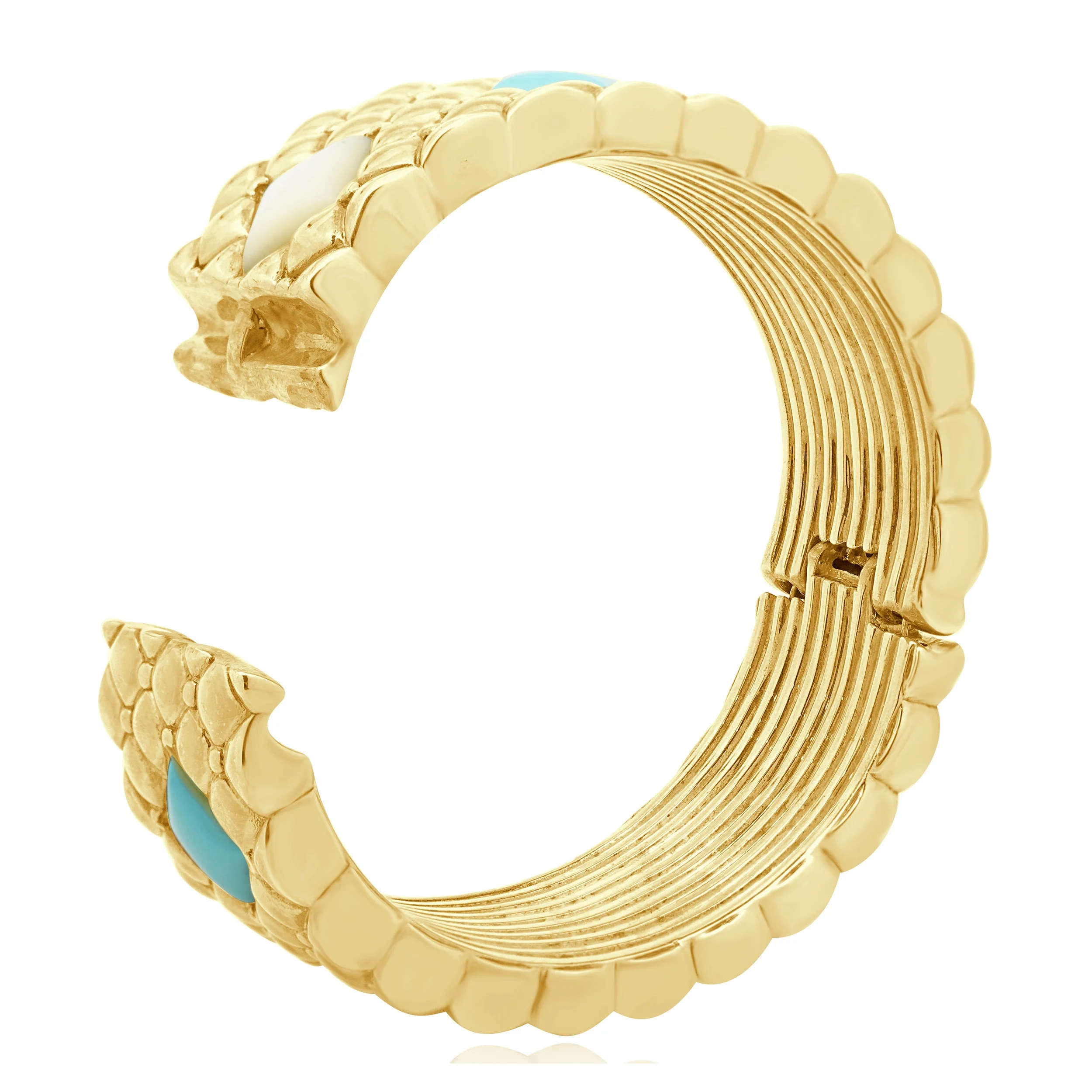 14 Karat Yellow Gold Bangle with Cabochon Mother of Pearl & Turquoise - Image 4
