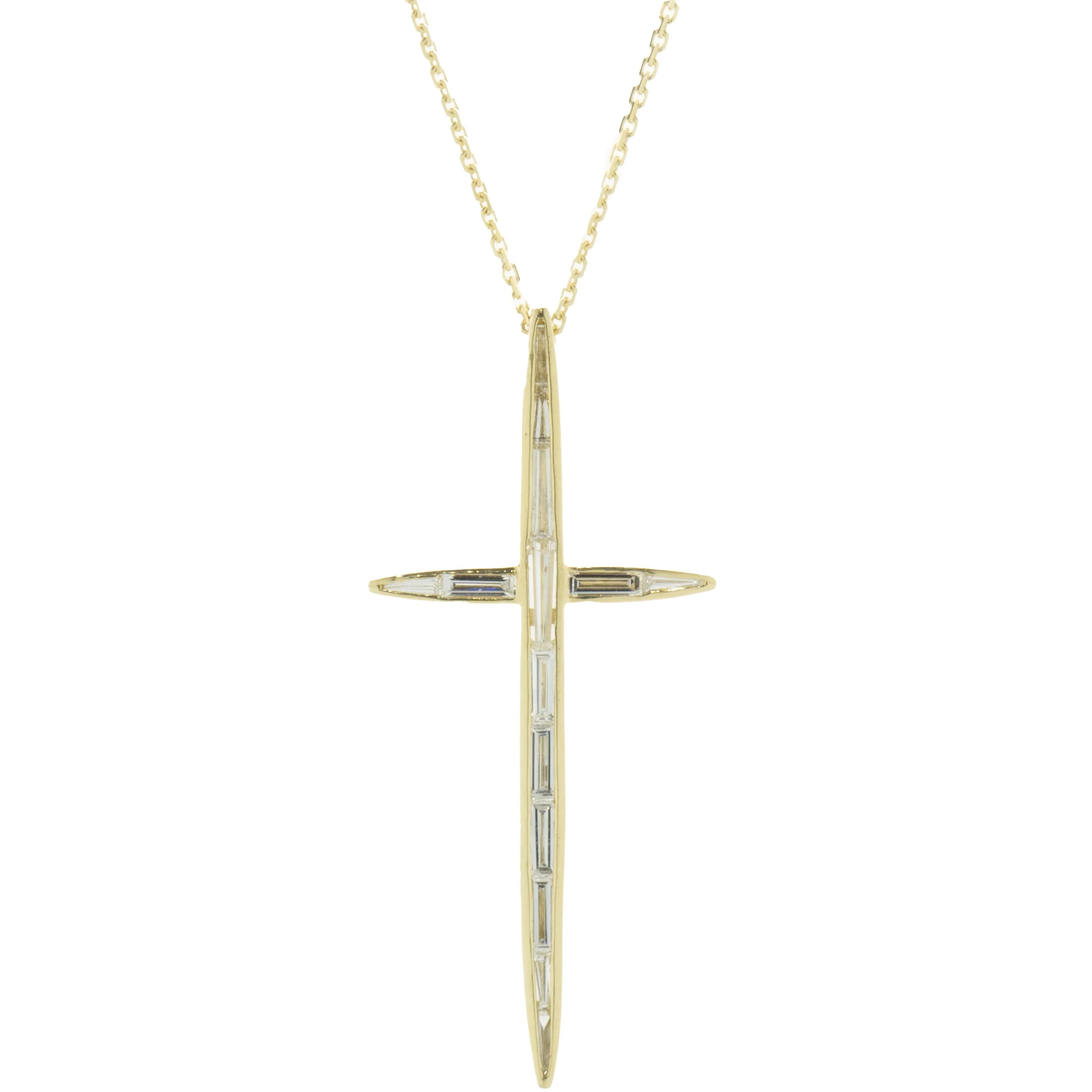 14 Karat Yellow Gold Bezel Set Baguette Cut Diamond Cross Necklace