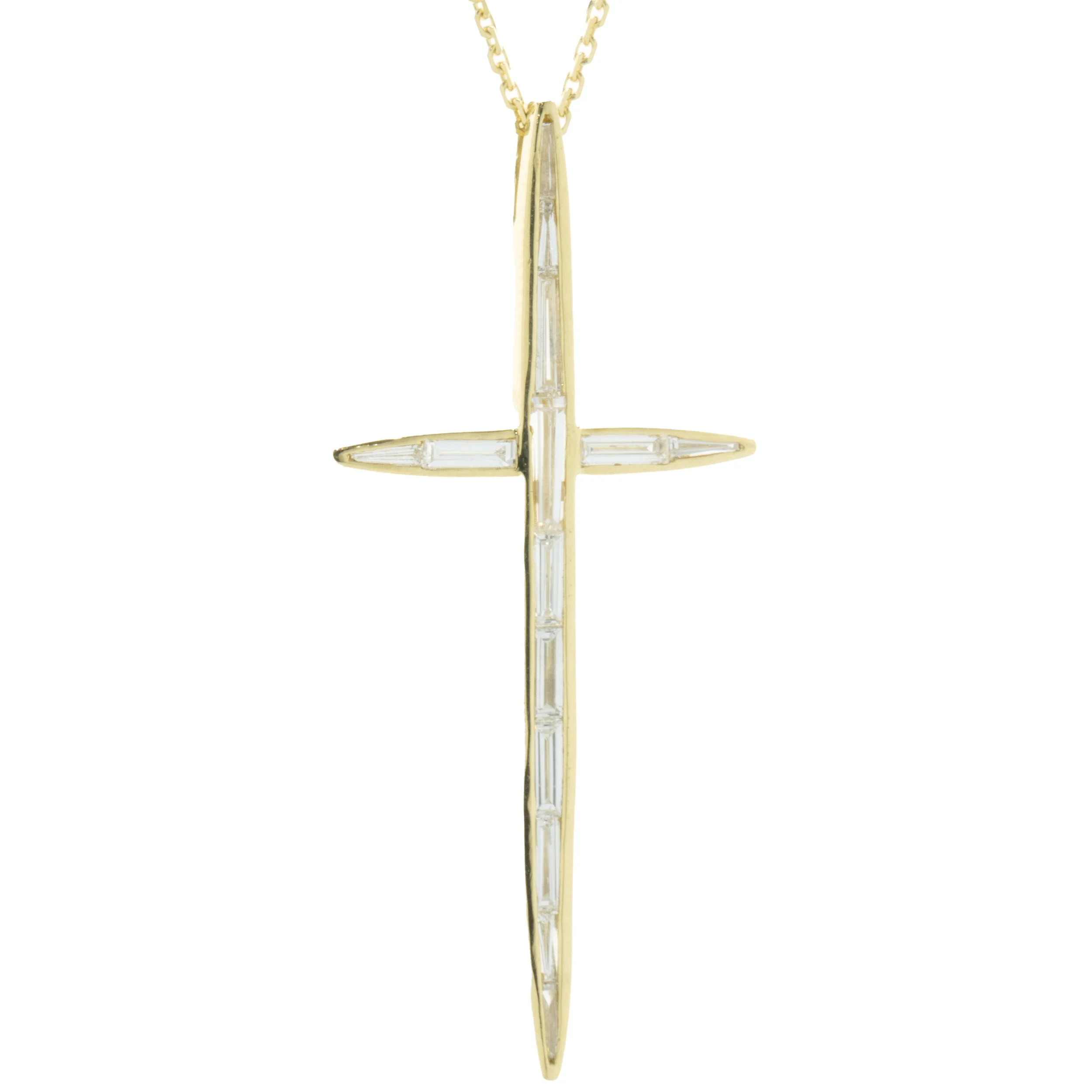 14 Karat Yellow Gold Bezel Set Baguette Cut Diamond Cross Necklace - Image 2