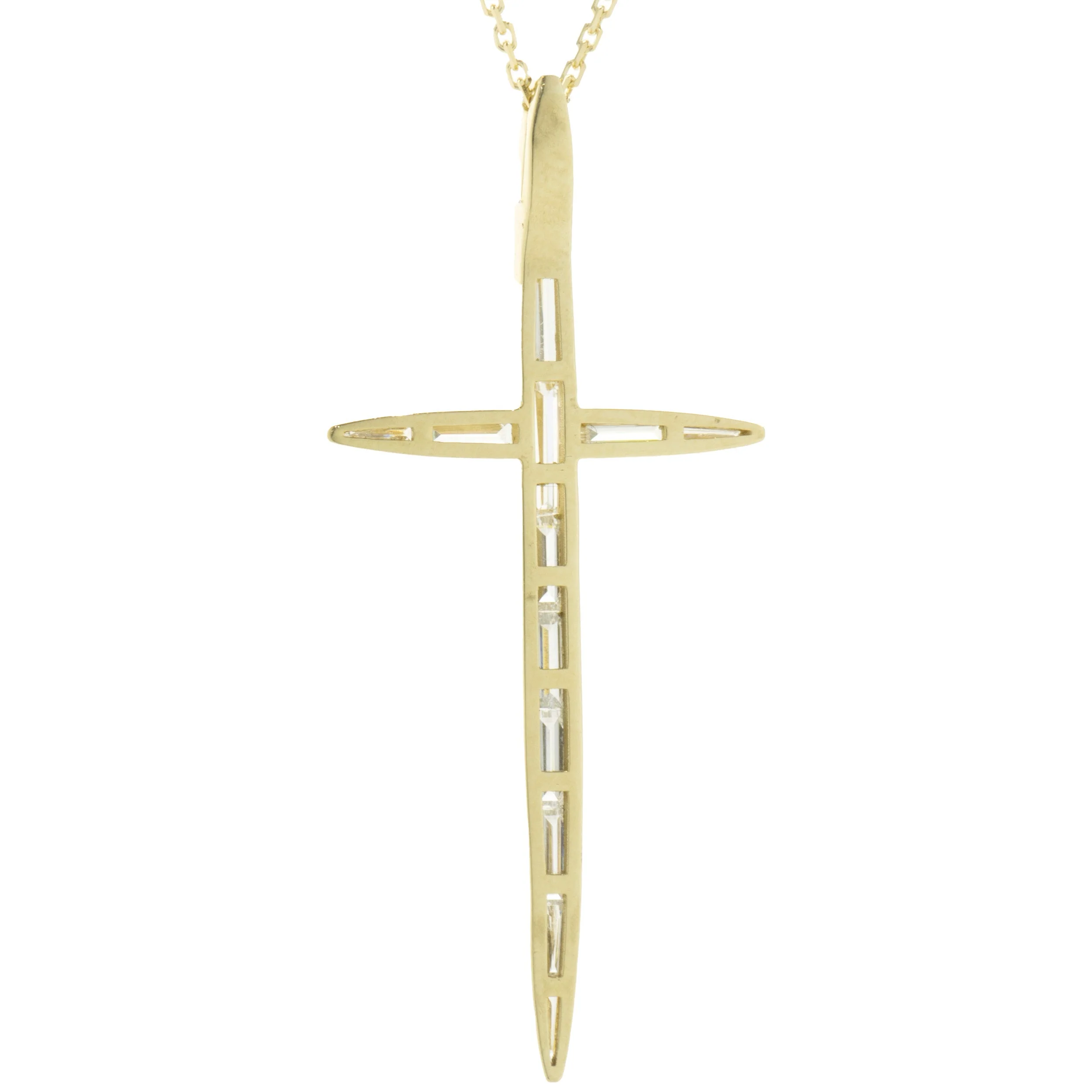 14 Karat Yellow Gold Bezel Set Baguette Cut Diamond Cross Necklace - Image 3